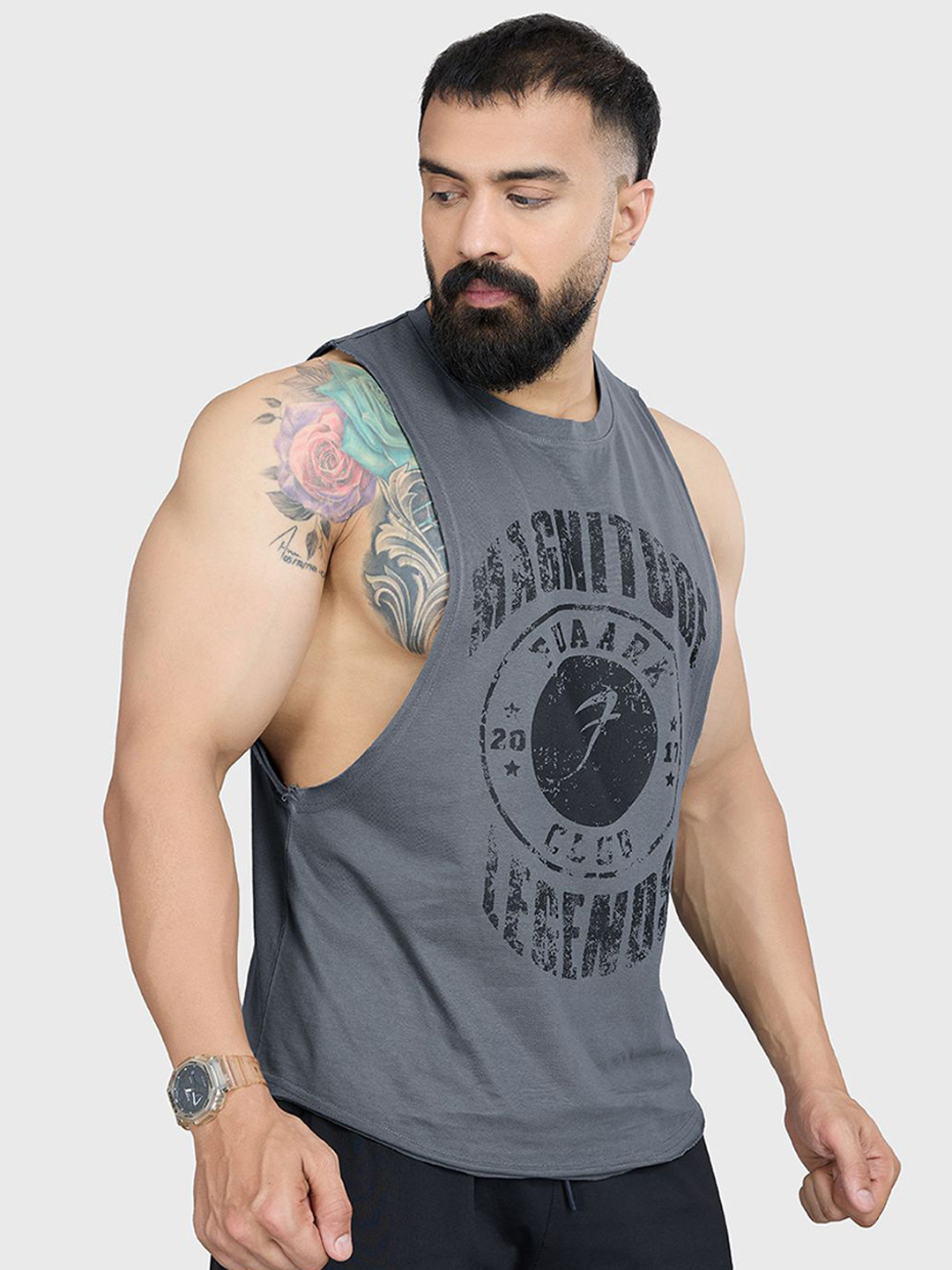 FUAARK Men Magnitude Deeparm Pure Cotton Gym & Workout Tank Vest Magnitude Deep Arm Grey-S