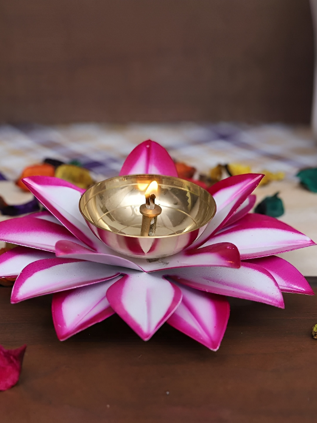 Aura Yellow & Pink Textured Metal Floral Diya