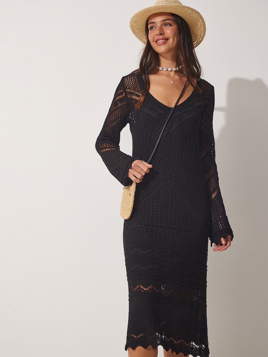 Happiness istanbul Women Crochet Long Sleeves V-Neck A-Line Midi Dress