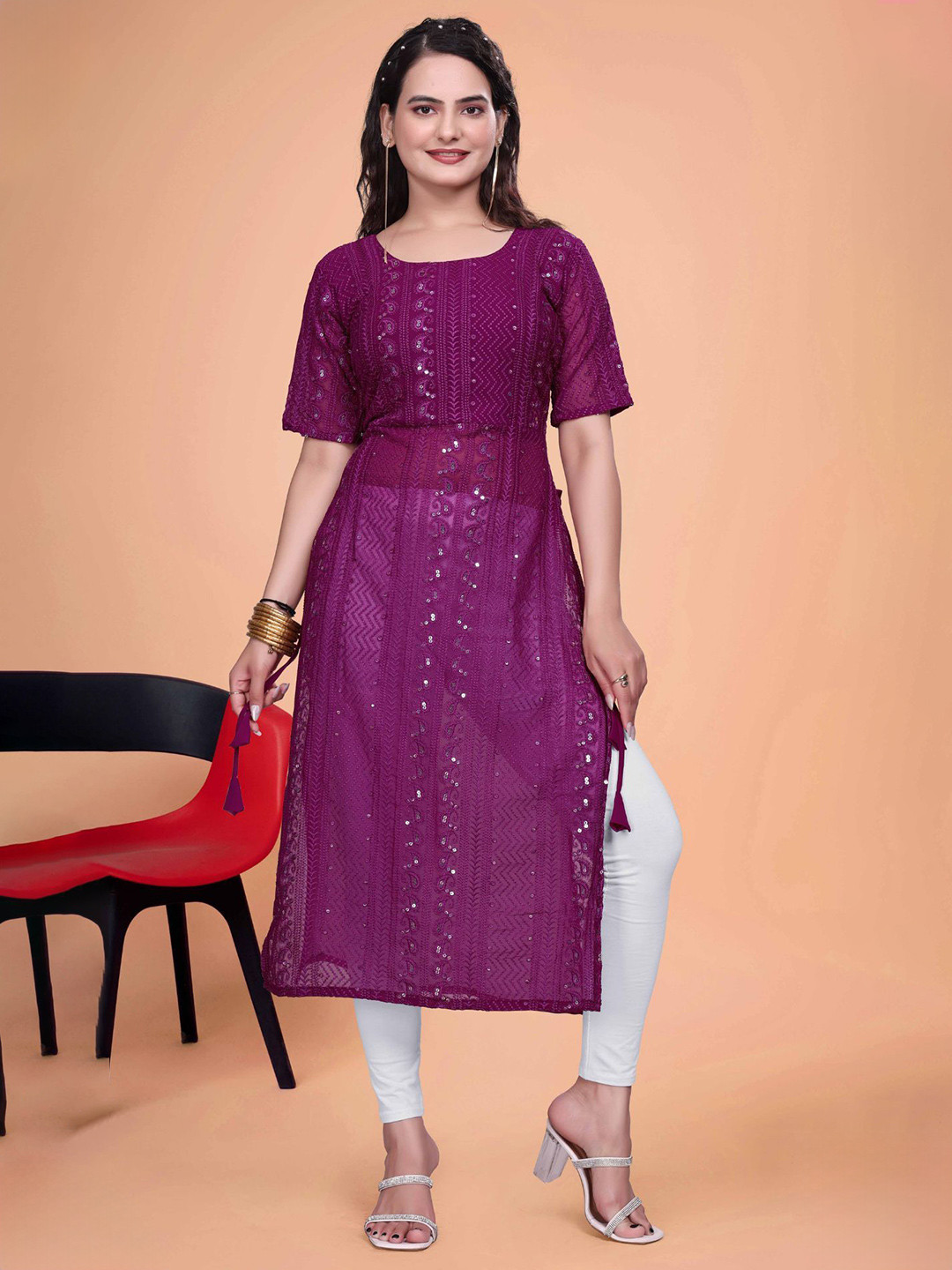 PARROT CREATION Ethnic Motifs Embroidered Sequinned Straight High Slit Kurta