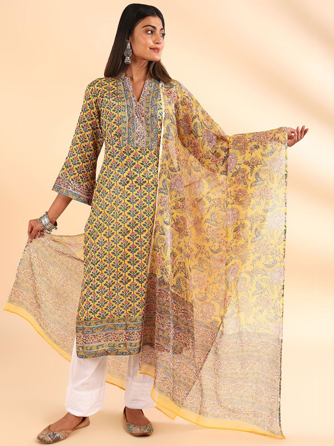 Tahiliya Yellow Pink Kota Doria Dupatta