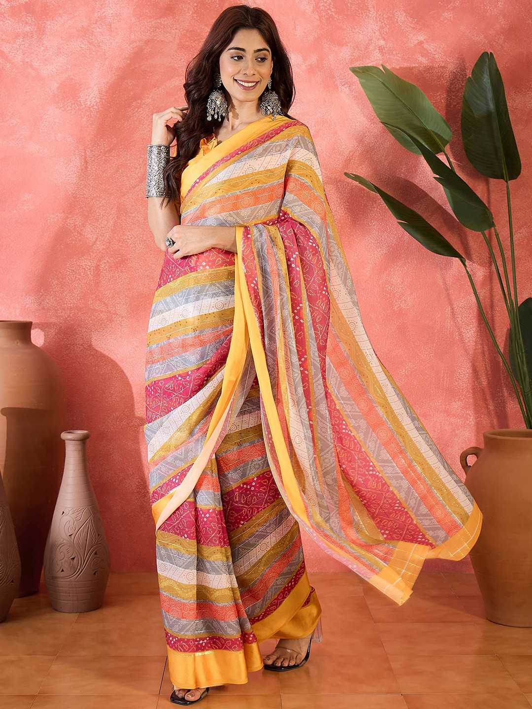SHADOW & SAINING Striped Poly Chiffon Saree