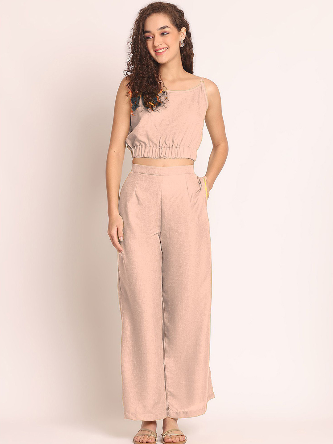 Aoba Women Pink Shoulder Strap Crop Top & Trousers Co-Ords