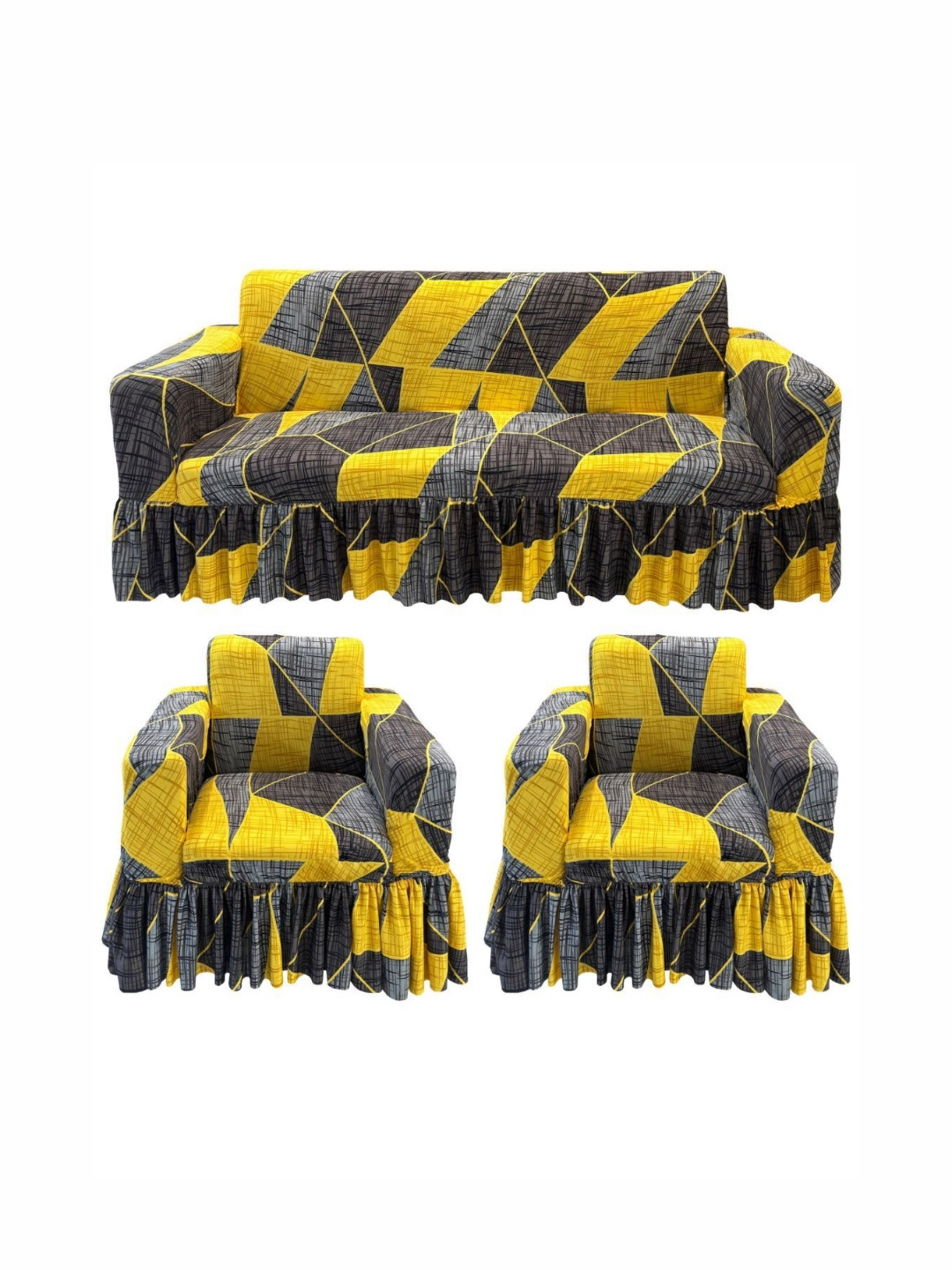 GIFTS ISLAND Yellow & Grey Printed Polyester 3 Piece Sofa Cover With Arms