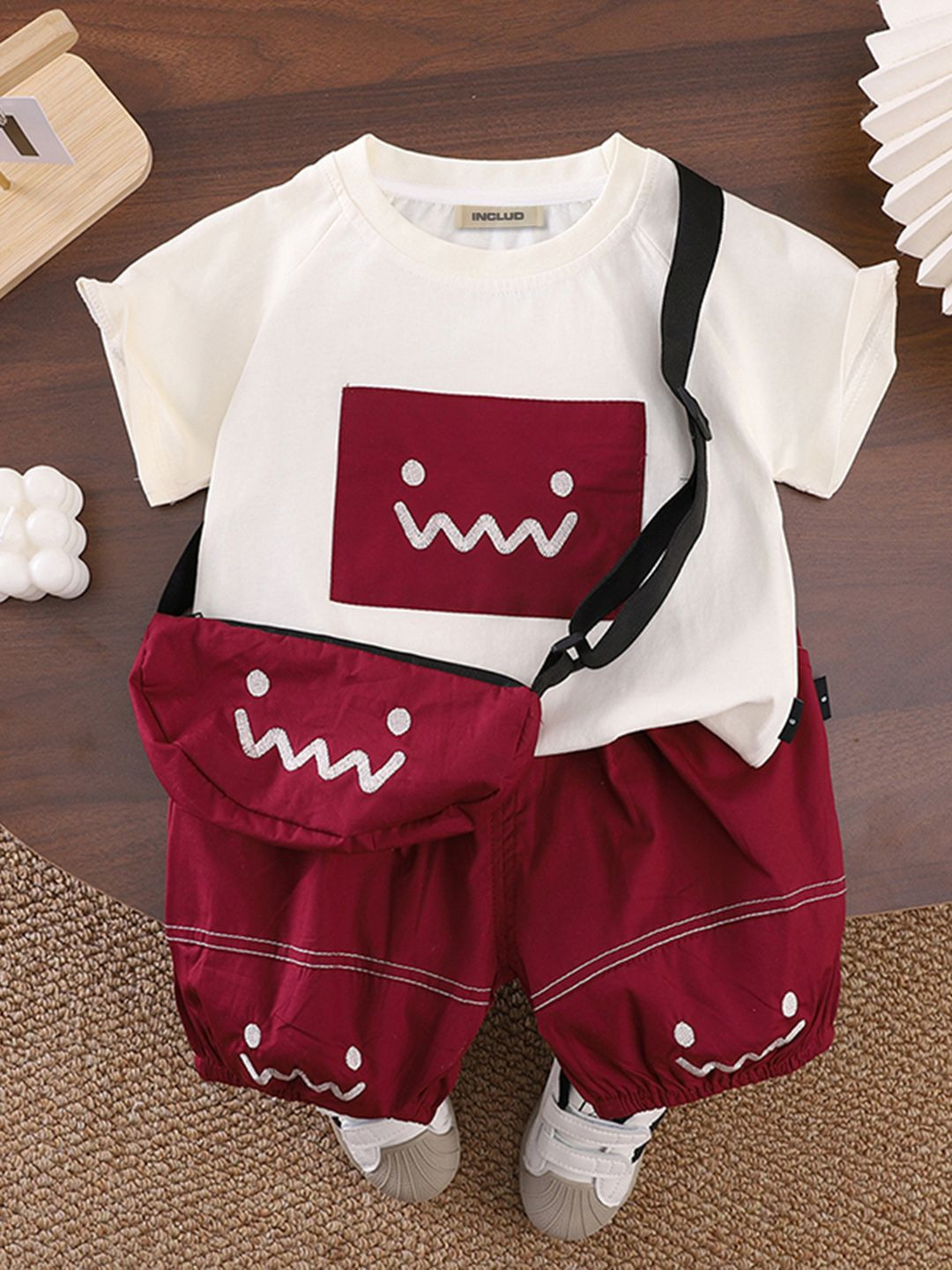 INCLUD Boys Applique Round Neck T-Shirt With Shorts & Sling Bag