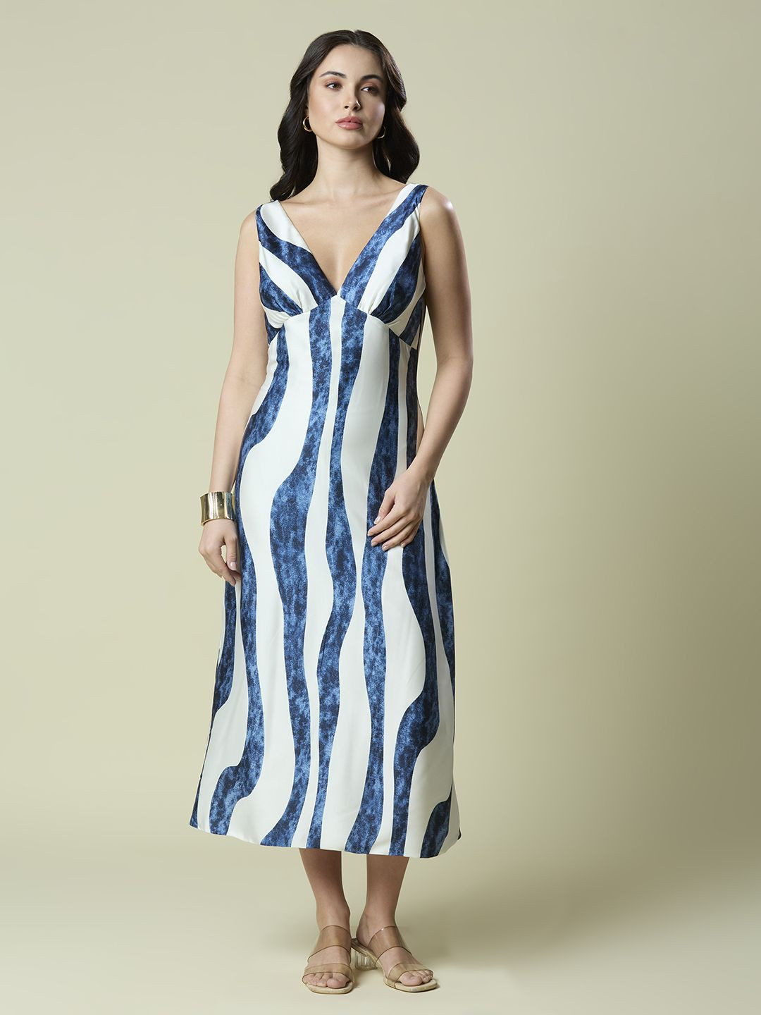 PEACH & PANDA Striped Satin A-Line Midi Dress