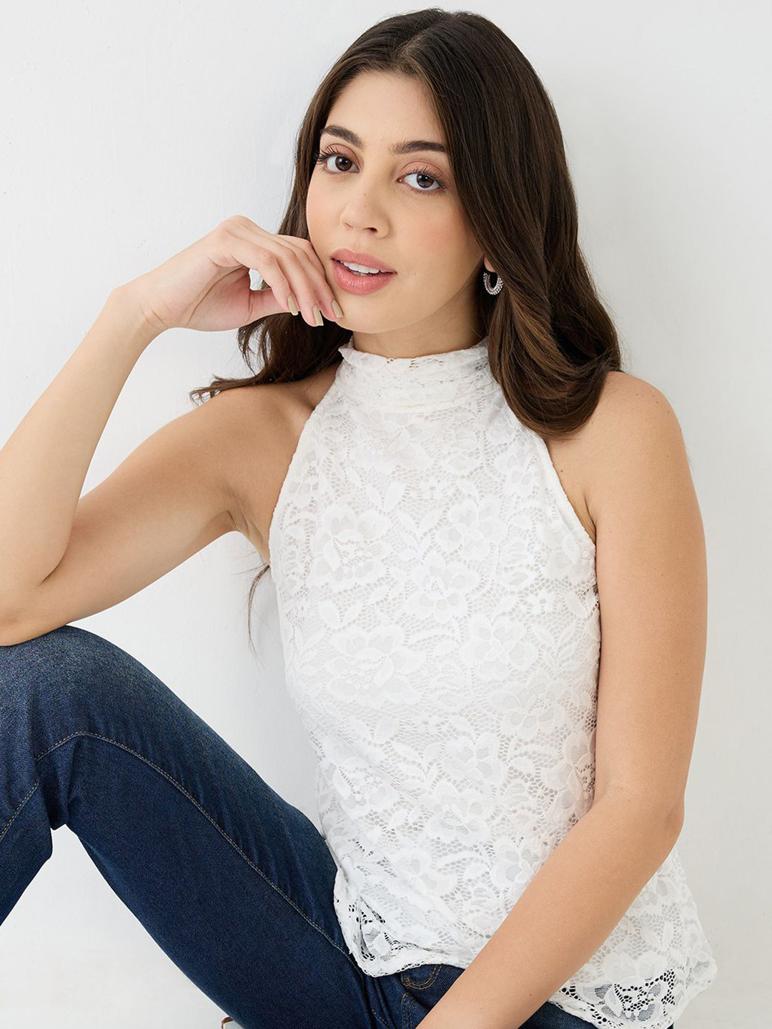 Globus Halter Neck Self Design Floral Lace Party Top