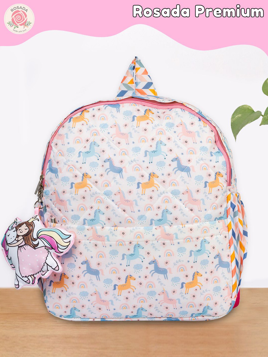 ROSADA Kids Unicorn Printed  Waterproof Backpack With Keychain-11inch
