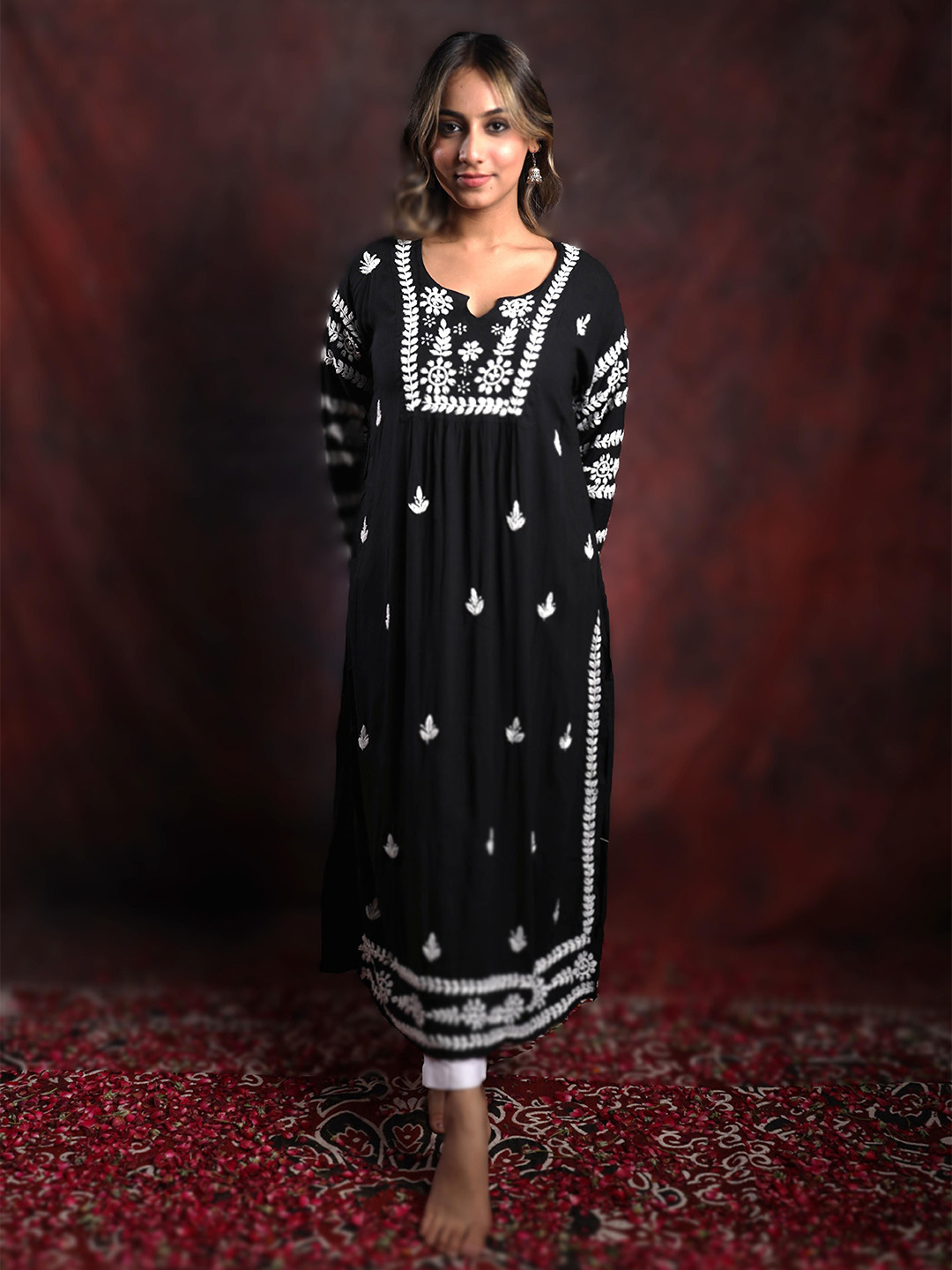 GHARANA INDIA Notch Neck Straight Bangle Work Chikankari Kurta