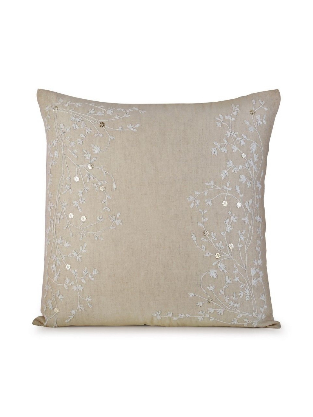 Perenne Design Beige Linen Lightweight Embroidered Square Cushion Cover -18x18In
