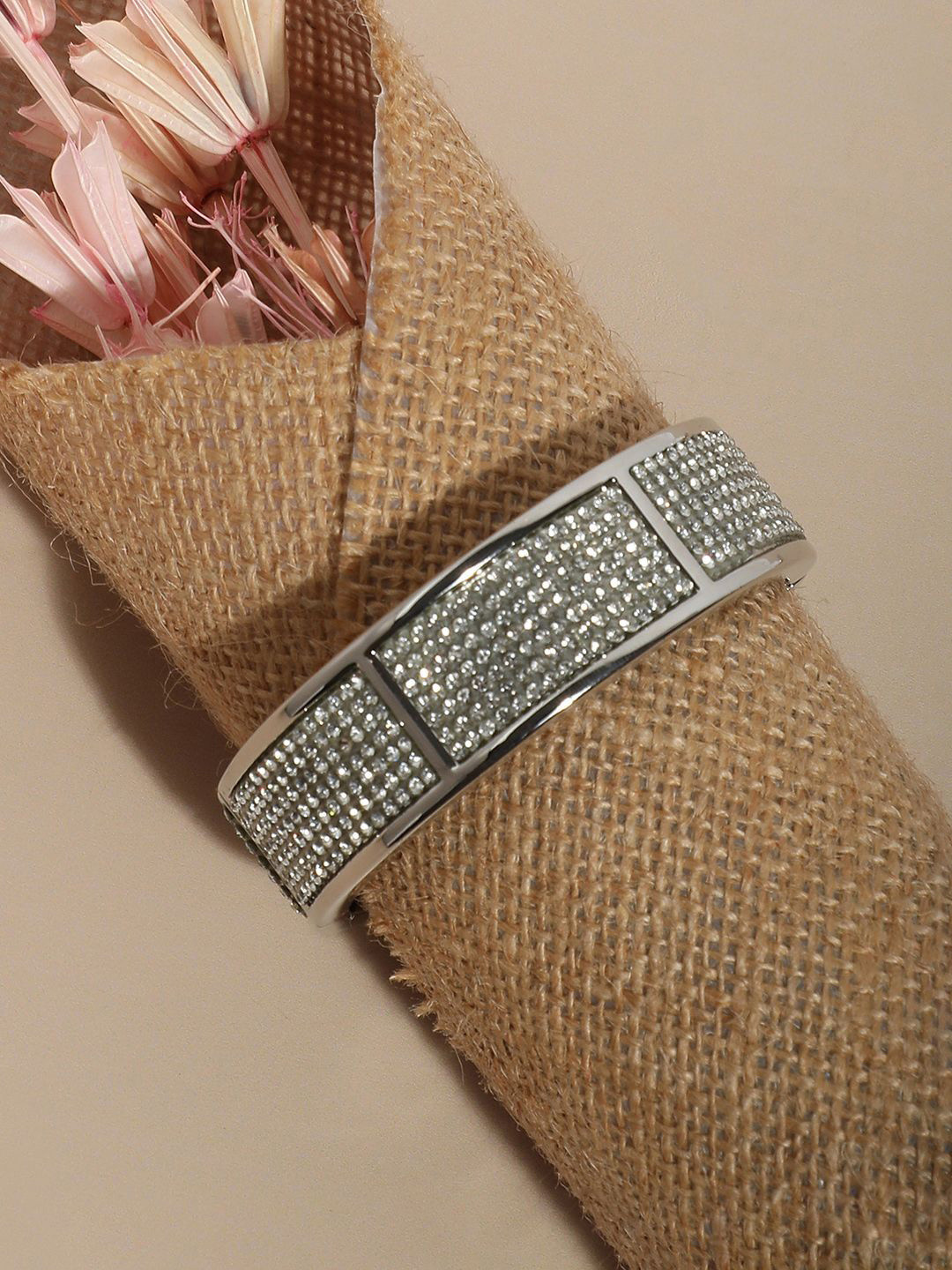 DressBerry Silver-Plated Stone Studded Embellished Cluster Band Bangle-Style Bracelet