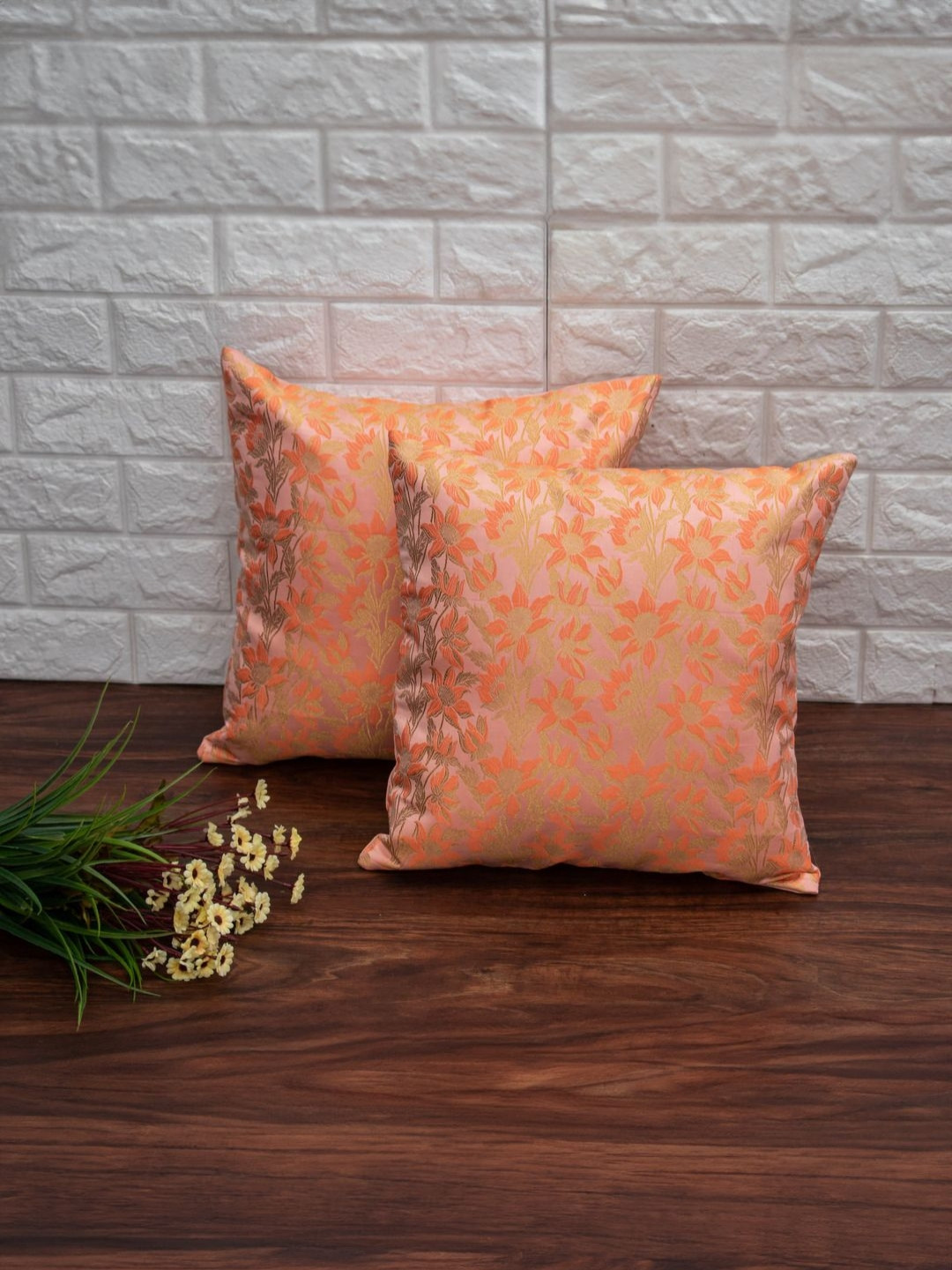 RoyalDeco Bageecha Floral Brocade Washable 2 Pcs Textured Cushion Covers - 16 x 16 In