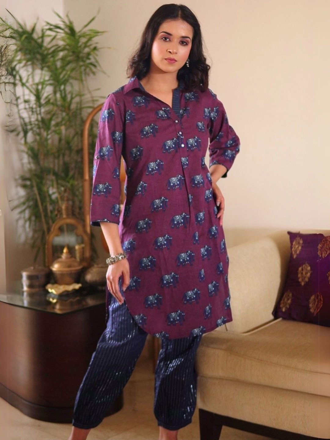 Spring Soul Women Animal Printed Regular Thread Work Pure Cotton Kurta with Harem Pants