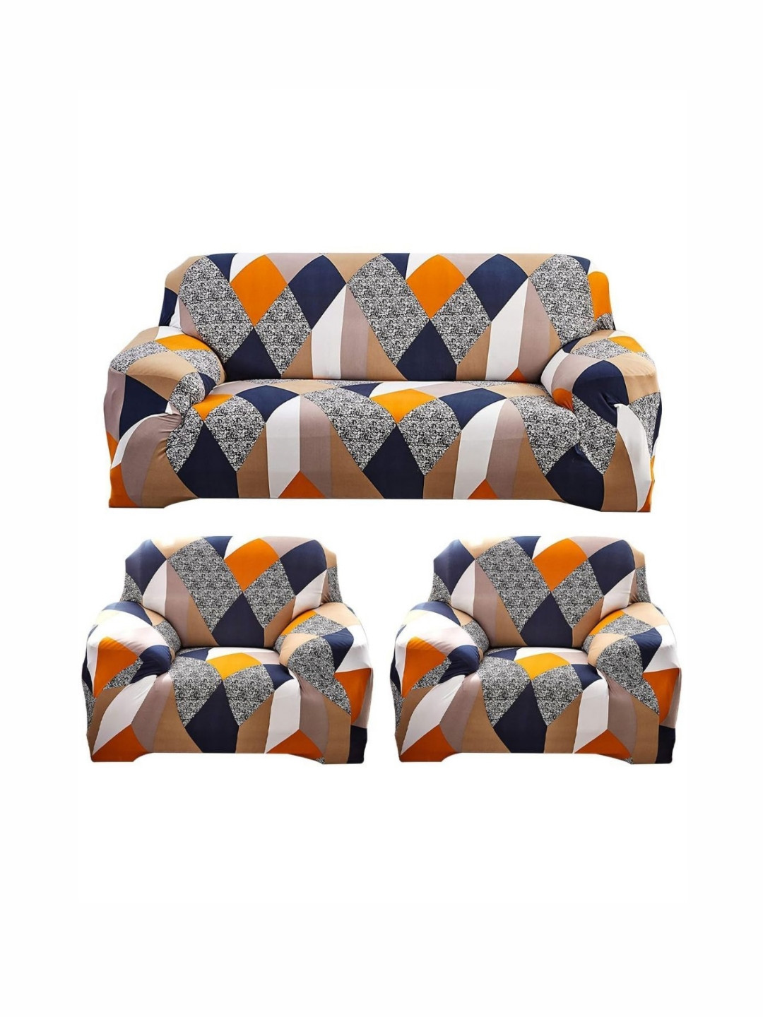 GIFTS ISLAND Orange & Blue Printed Polyester 3 Piece Sofa Cover With Arms