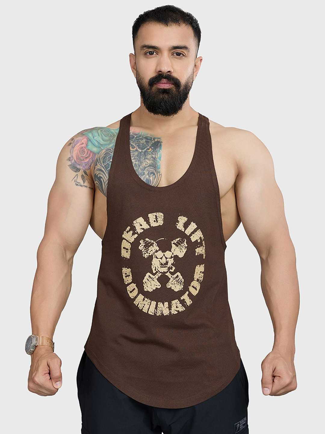 FUAARK Men Pure Cotton Gym & Workout Stringer Vest Deadlift Stringer Coffee-S