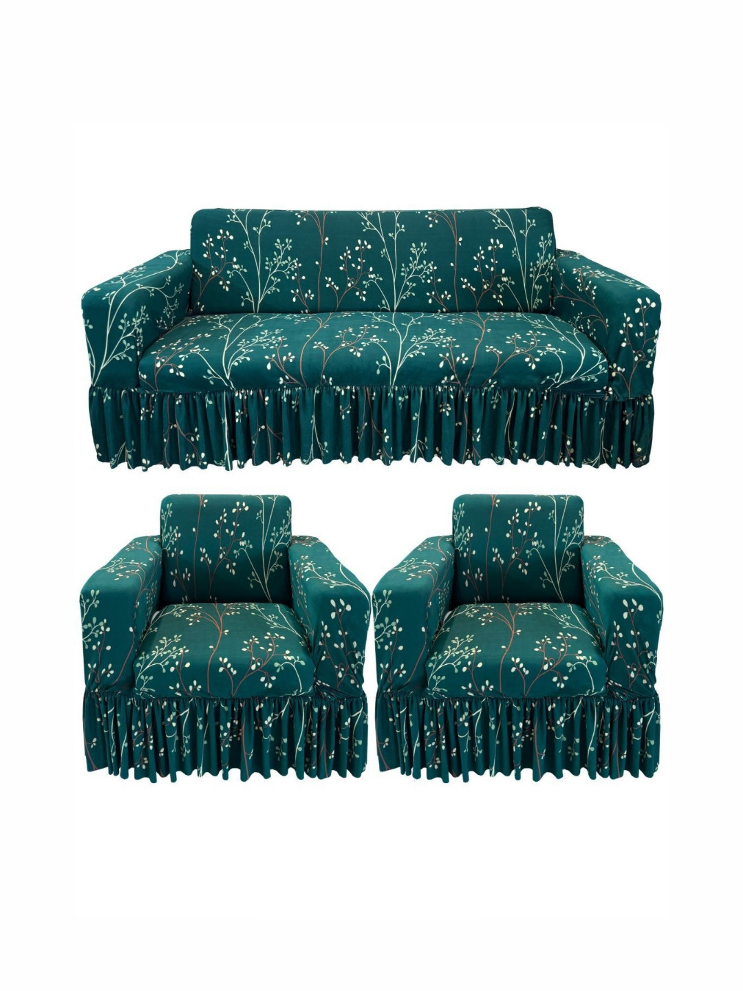 GIFTS ISLAND Green & White Printed Polyester 3 Piece Sofa Cover With Arms