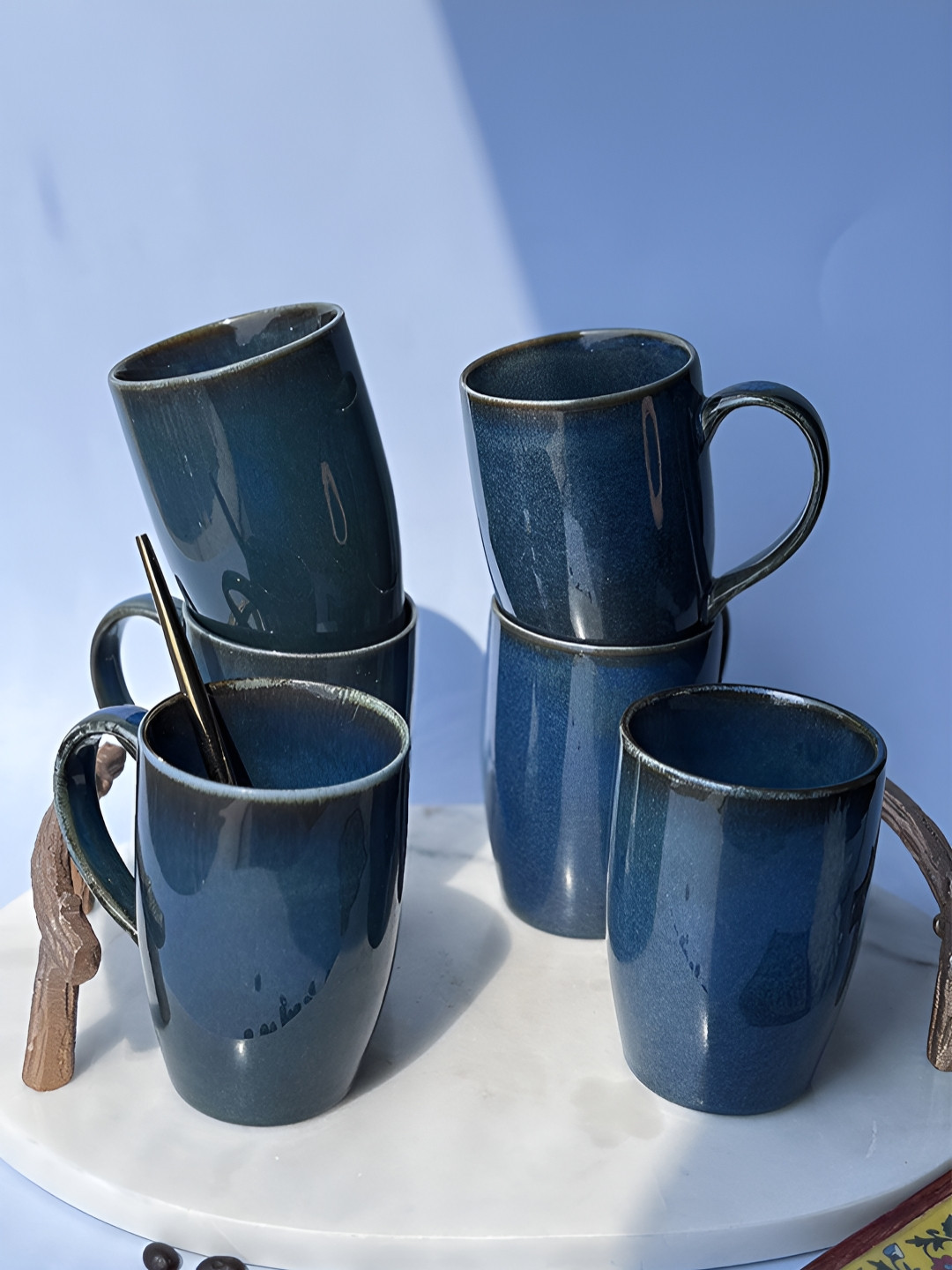 ARAVALII Popcup Blue Ceramic Microwave Safe 4 Piece Mugs-250ml