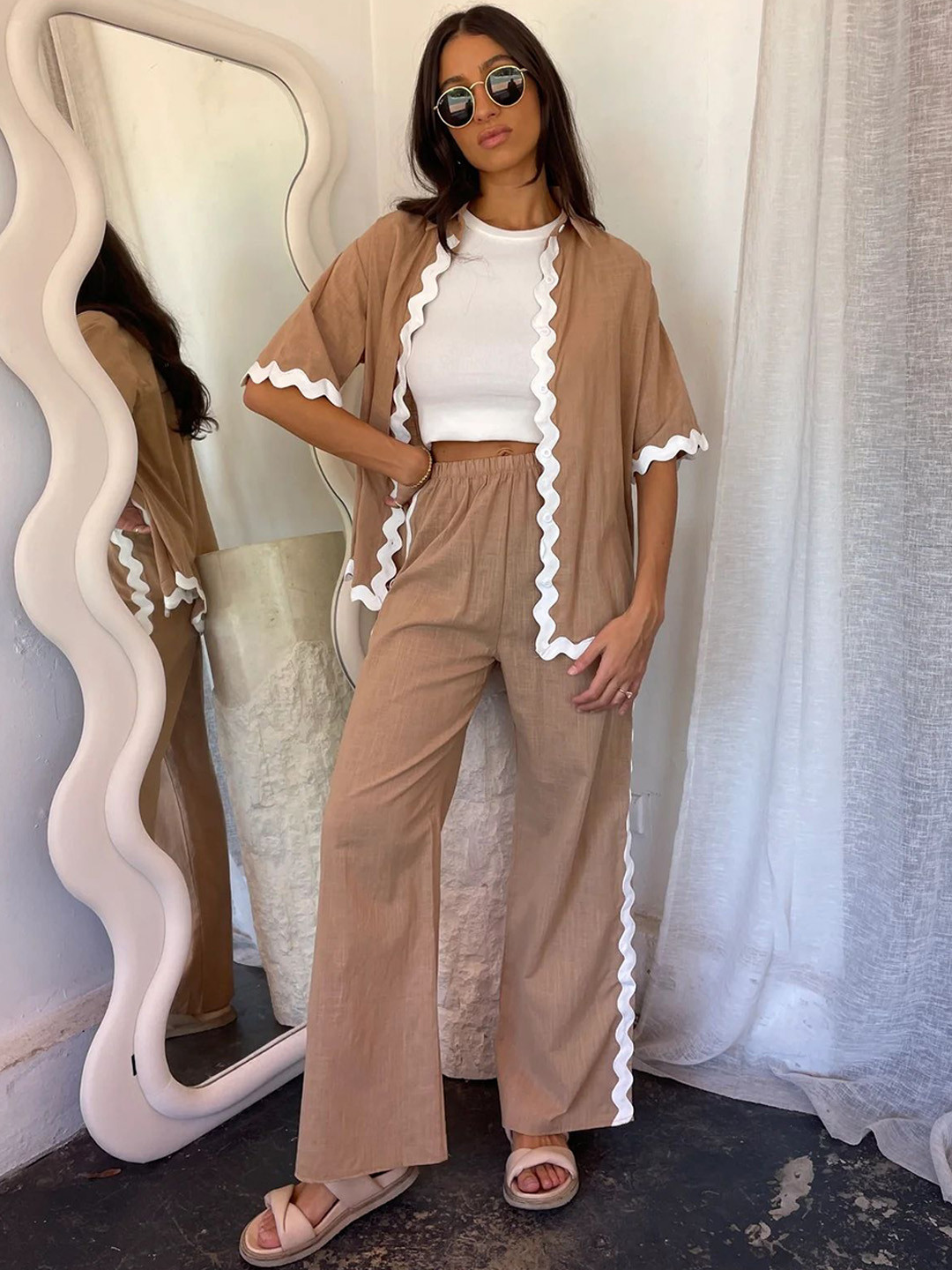 all about you Breeze Trimmed Shawl Collar Neck Shirt With Trousers Co-Ords