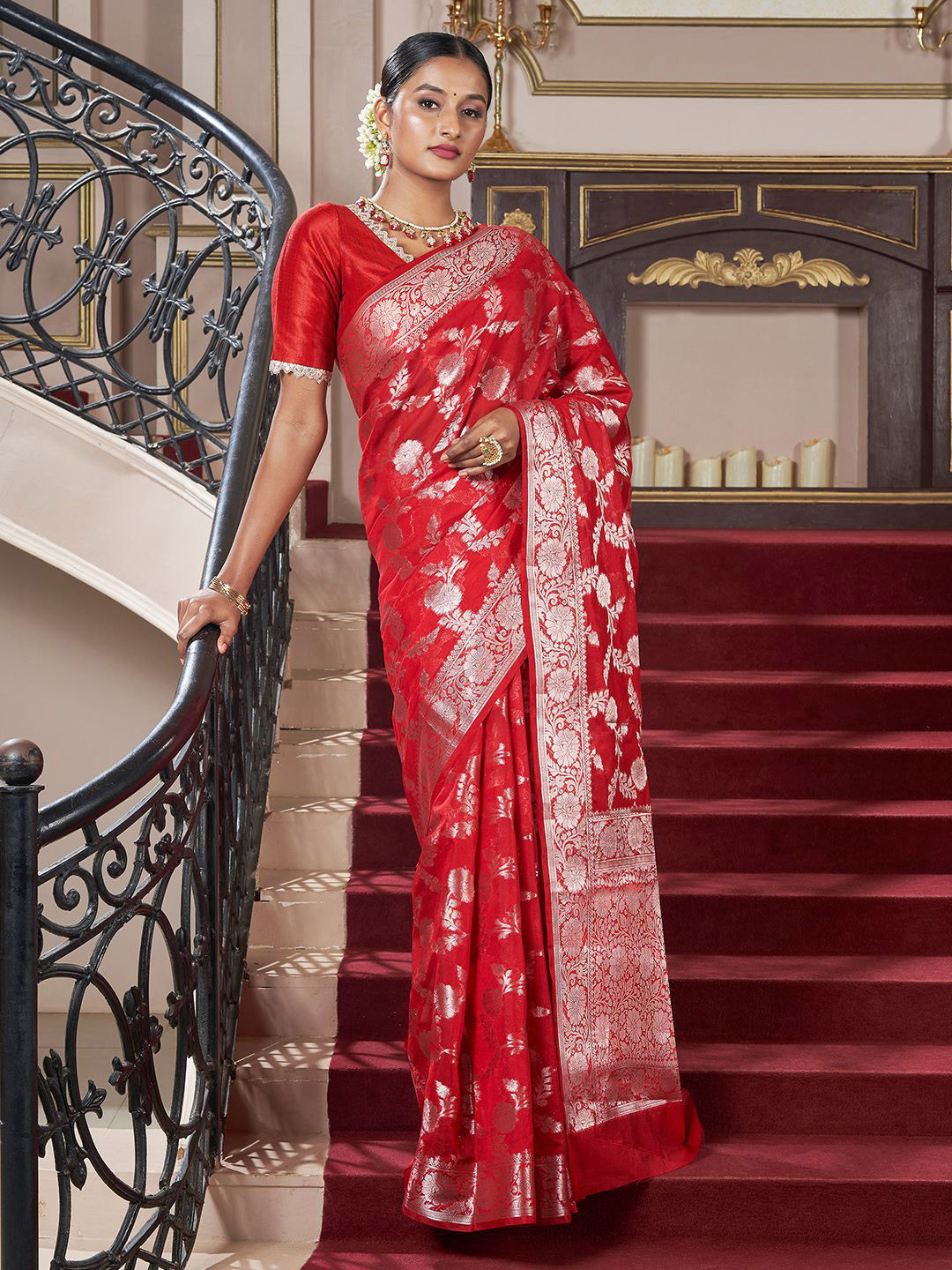 TEEJH Manjula Red Banarasi Semi Georgette Silk Saree