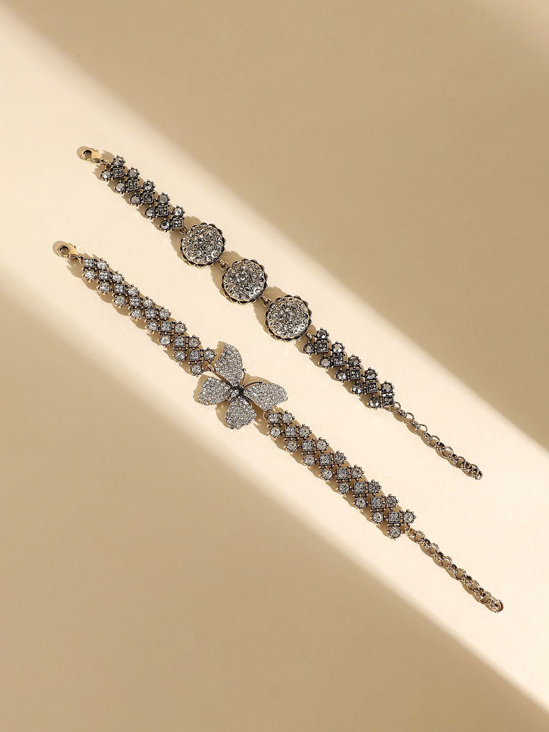 DressBerry Set of 2 Gold-Plated Stone Studded Circular Antique Link Bracelets