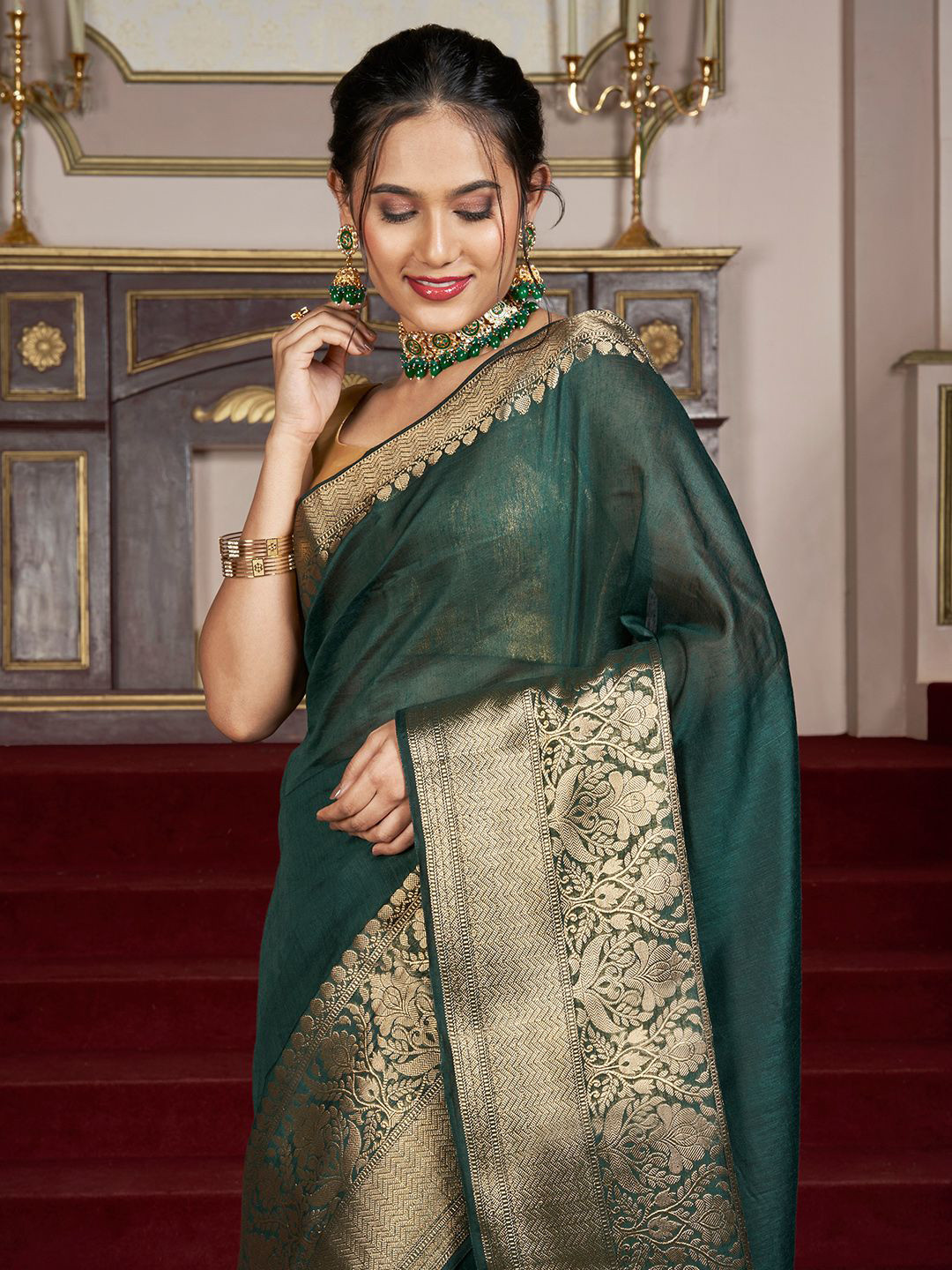 TEEJH Reya Forest Green Banarasi Silk Linen Saree
