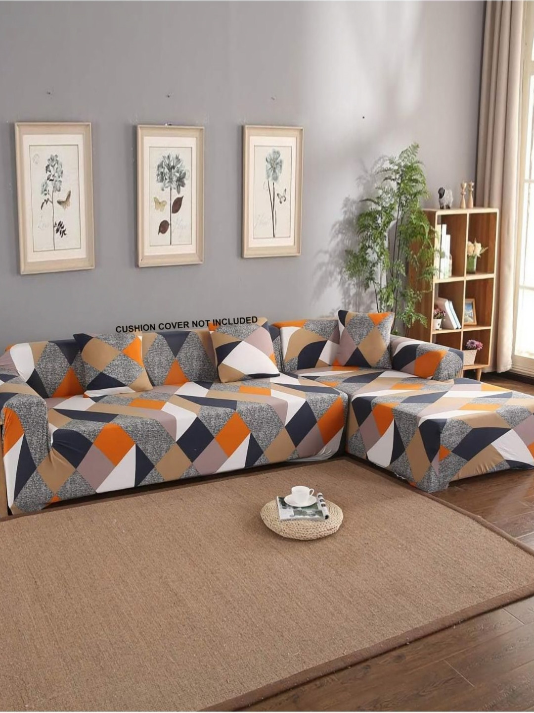 GIFTS ISLAND Brown & Grey 2 Pieces Prism Printed 3+3 Seater L-Shape Sofa Covers With Arms