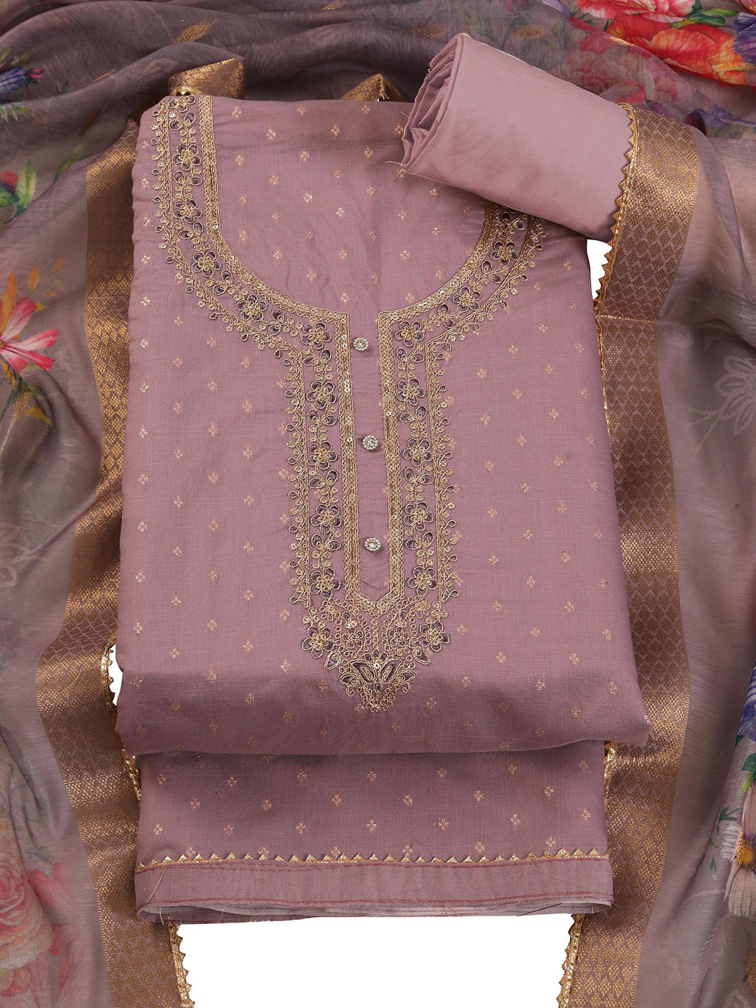 TAVAS Floral Embroidered Zari Work Chanderi Silk Unstitched Dress Material