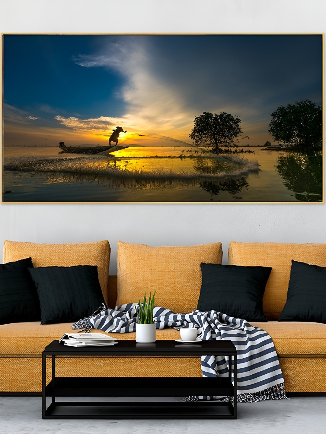 DEKORSTATION Blue & Gold Toned Boat Printed Canvas Wall Art