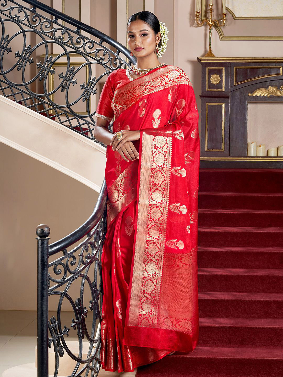 TEEJH Shaya Red Banarasi Semi Chiffon Warm Silk Saree