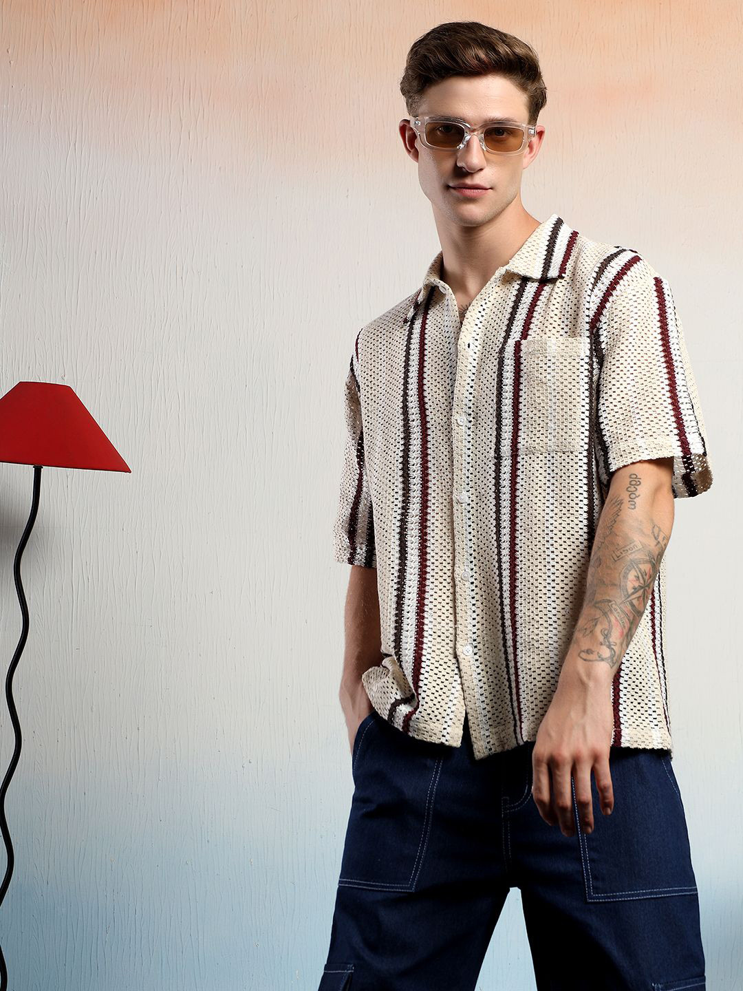 Kotty Vertical Stripes Cotton Spread Collar Short Sleeves Shirt