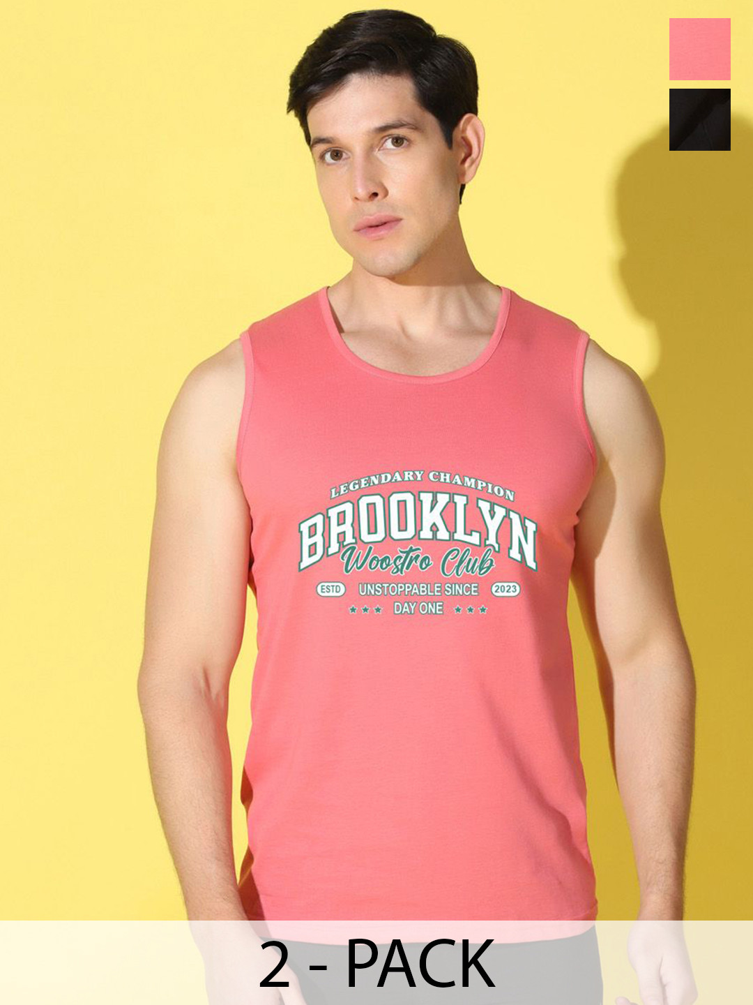 WOOSTRO 2-Pc Printed Combed Cotton Innerwear Vests VWS26(BKLN PEACH)(RUN BLACK)