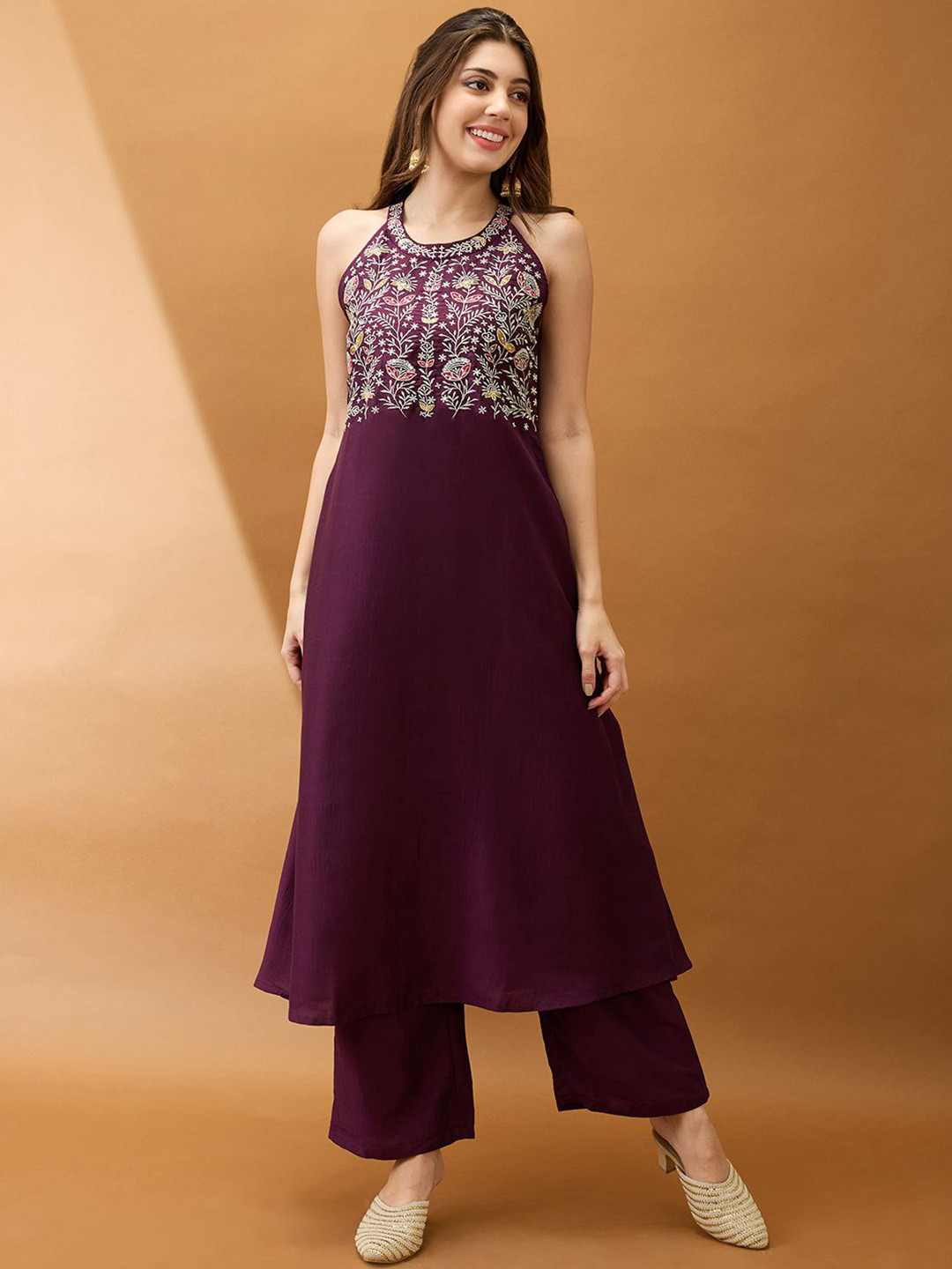 Globus Floral Embroidered Yoke Halter Neck A-Line Kurta With Straight Pant Festive Set