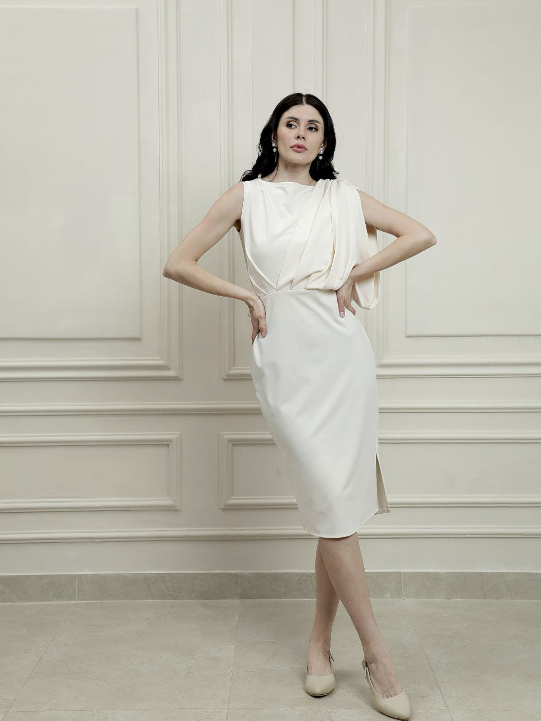 Athena Women Solid Cream Boat Neck Sheath Midi Dress