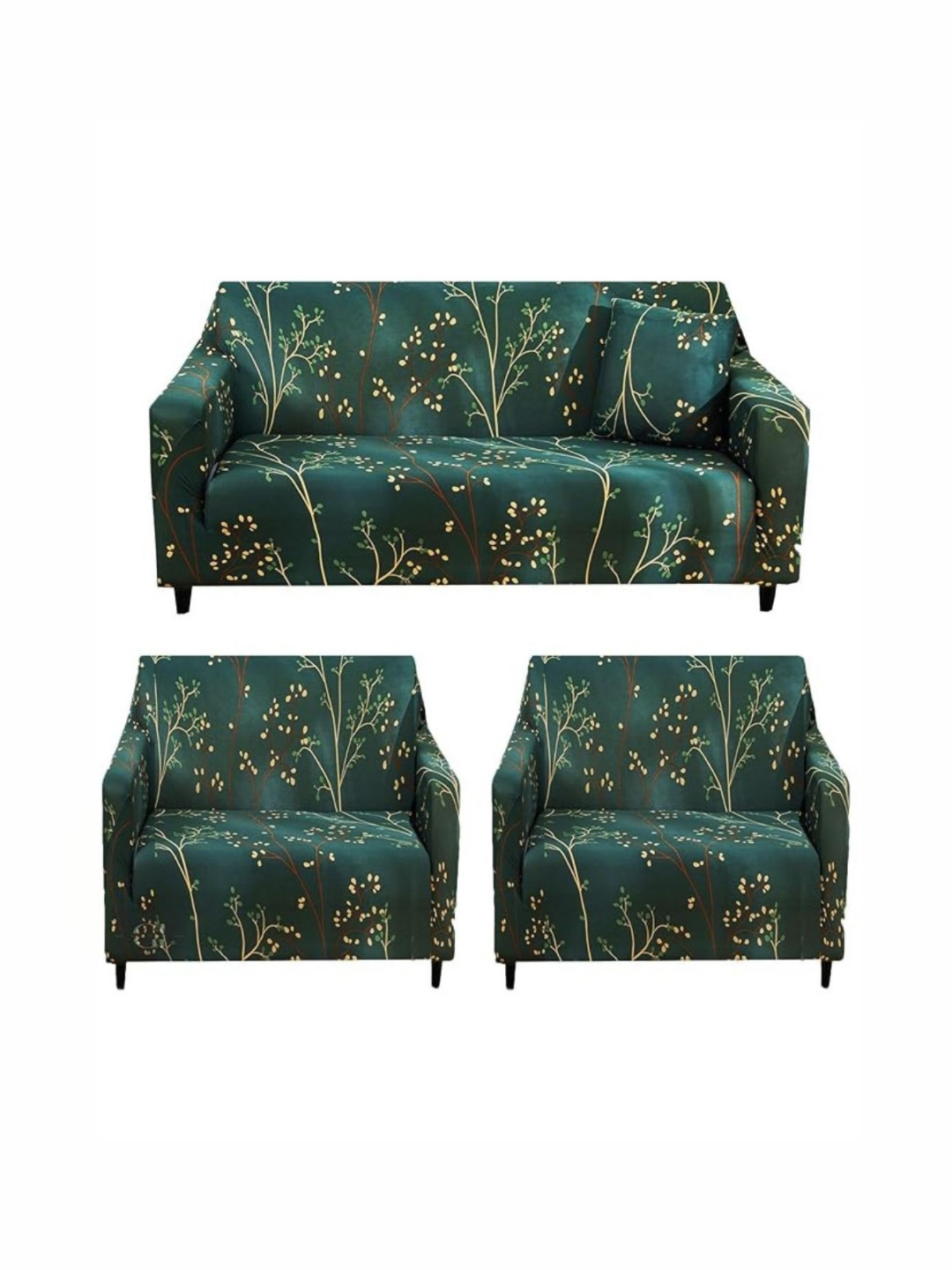 GIFTS ISLAND Green & Beige Printed Polyester 3 Piece Sofa Cover With Arms
