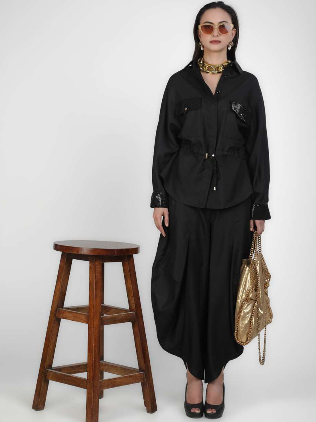 KOVET Sequin Embellished Shirt & Dhoti Pants Co-Ord Set