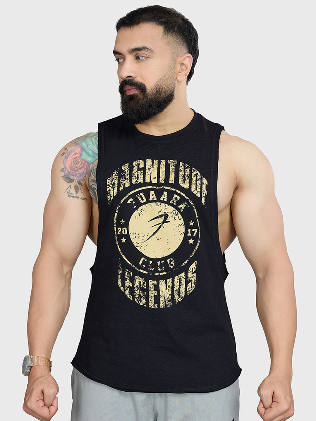 FUAARK Men Deeparm Pure Cotton Gym & Workout Tank Vest Magnitude Deep Arm Black-S