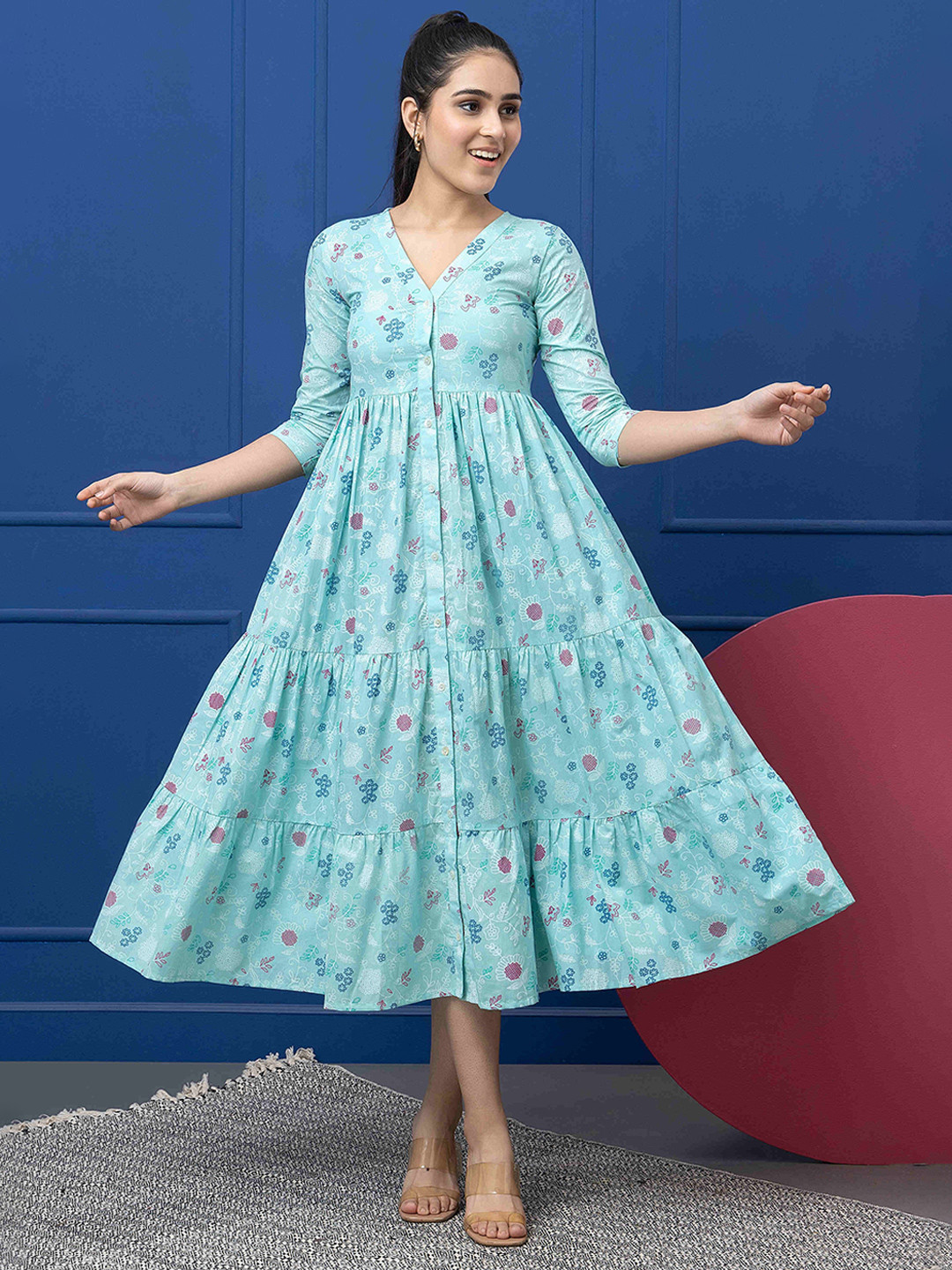 SMER Women Floral Printed Cotton Fit & Flare Midi Dress