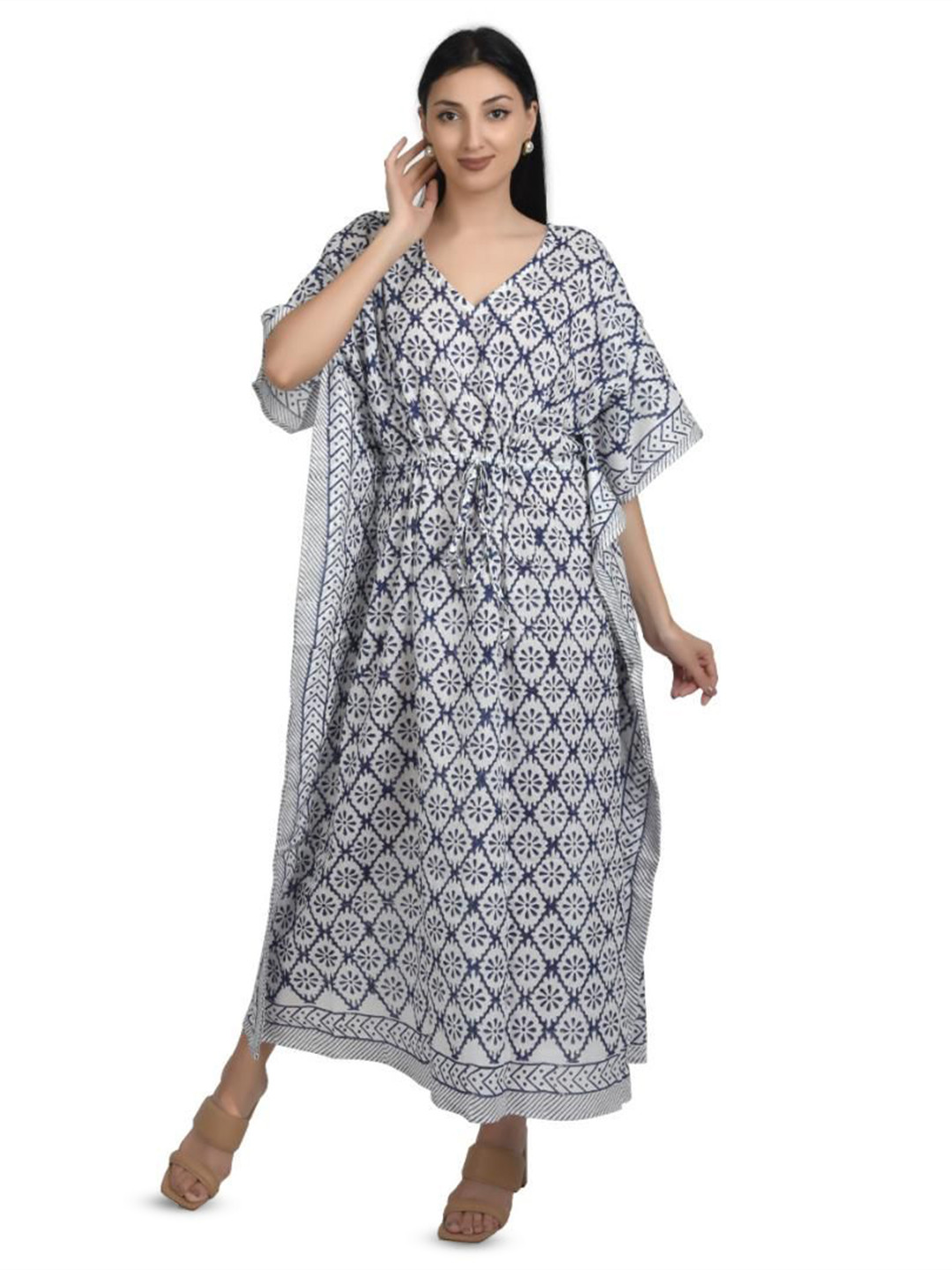 Fabric Venue Print Slit Sleeve Kaftan Maxi Dress