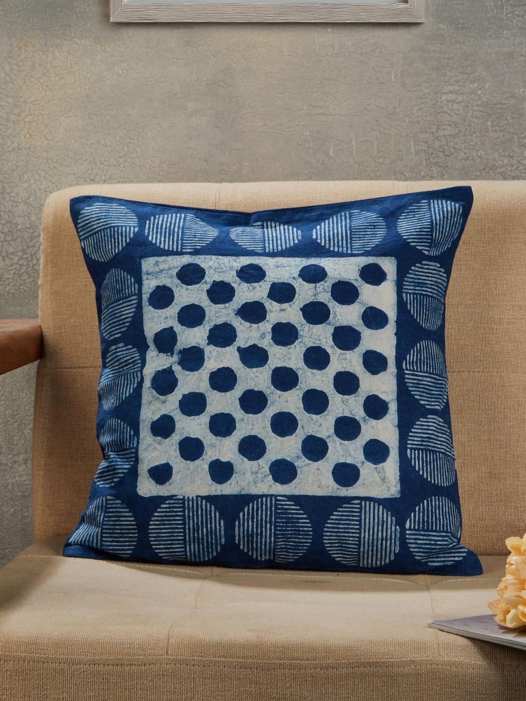 Fabindia Roshan Dabu Cotton Blue Geometric Washable Square Cushion Cover -16x16In
