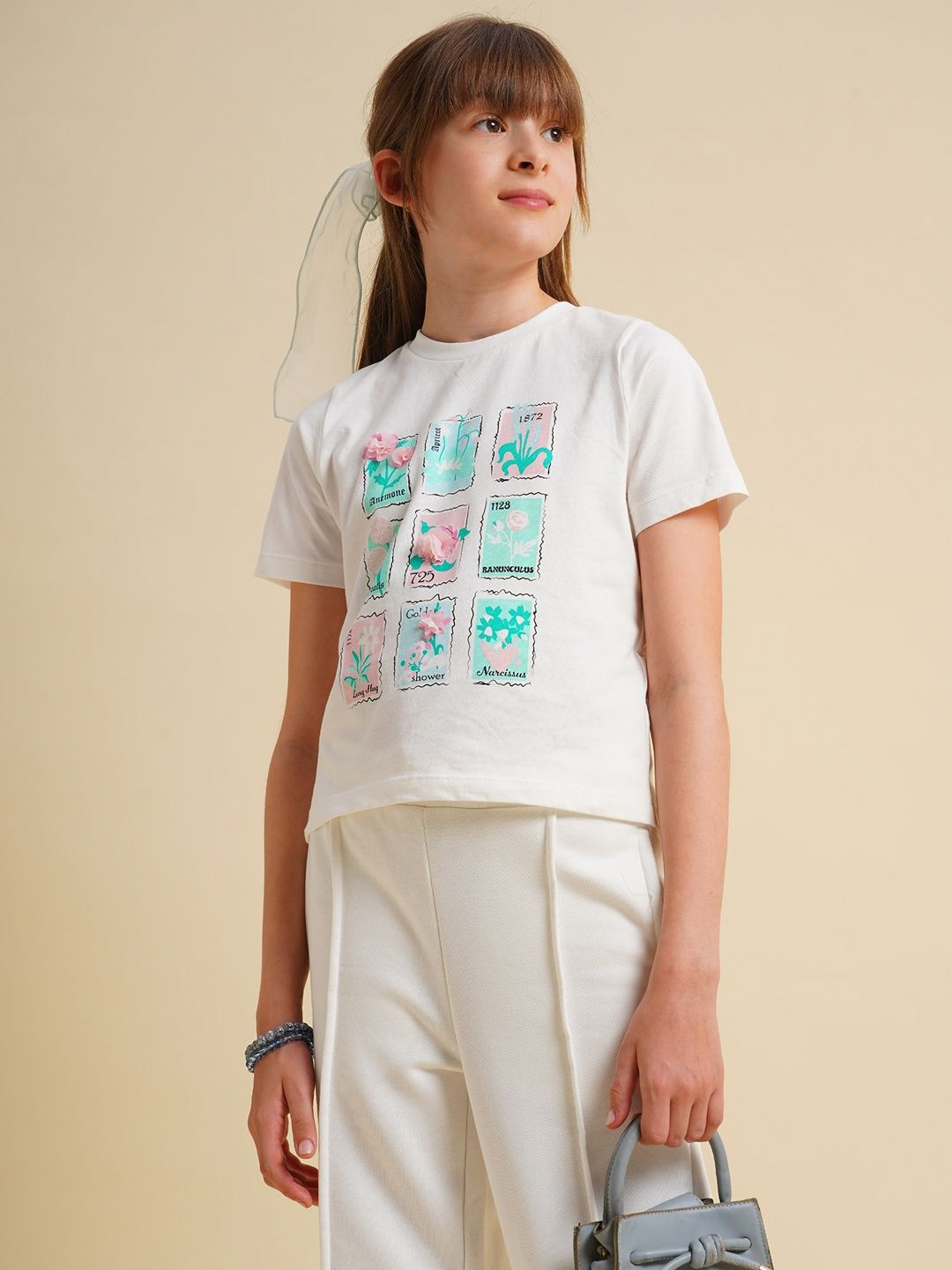 Vero Moda Cloud Dancer Girls Cotton Printed Applique T-shirt