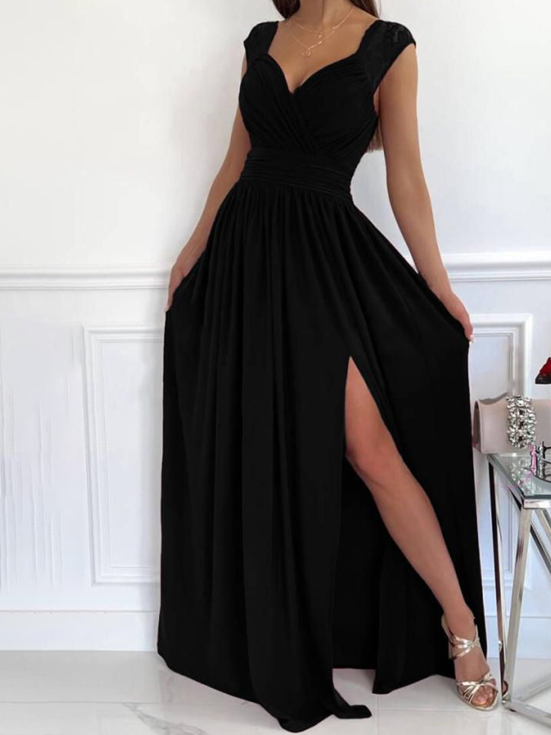 bebe Black Lace Shoulder Wrap Sweetheart Neck Slit Maxi Dress