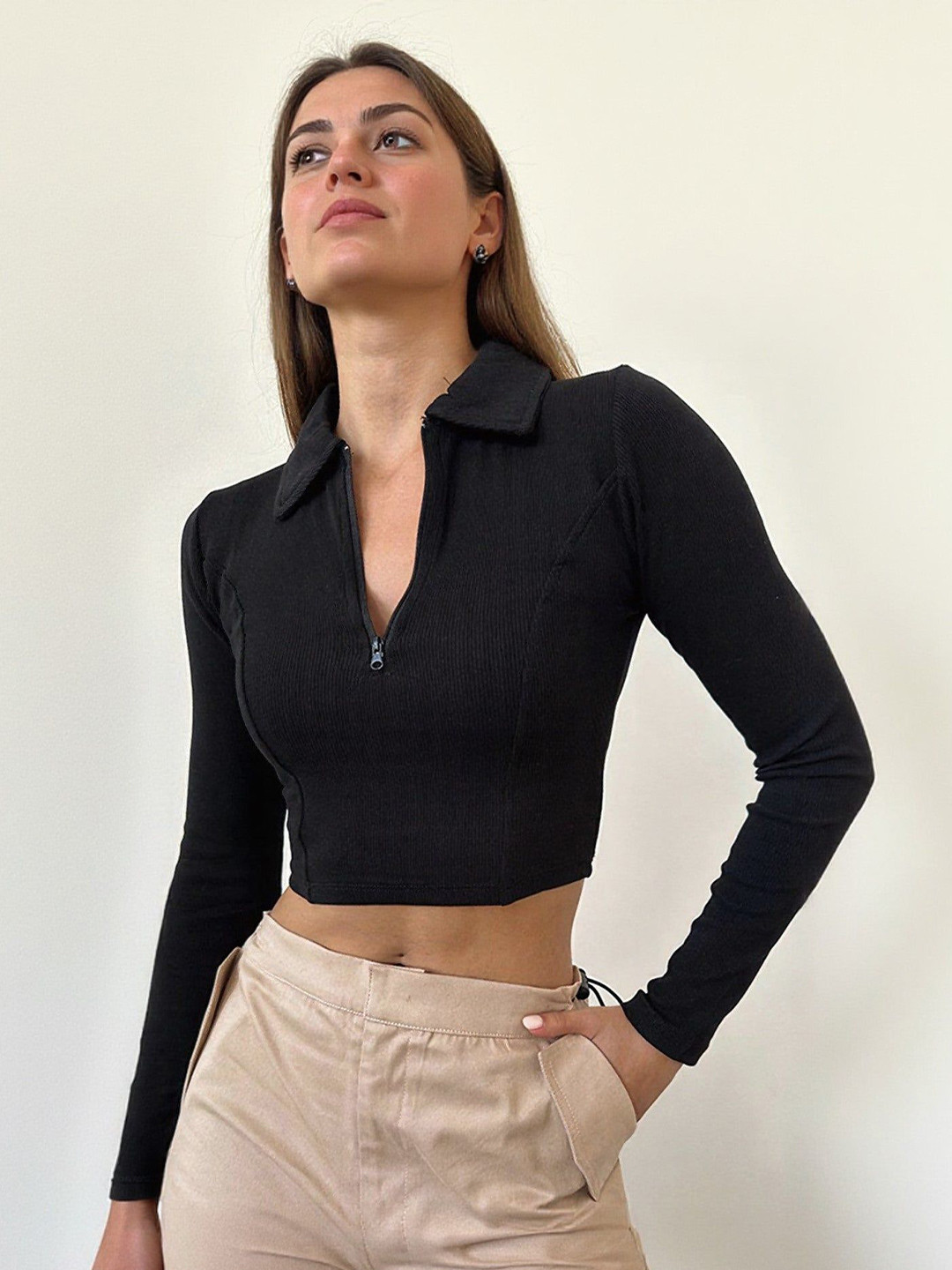 Outzidr Women Solid Zip Fitted Crop Top