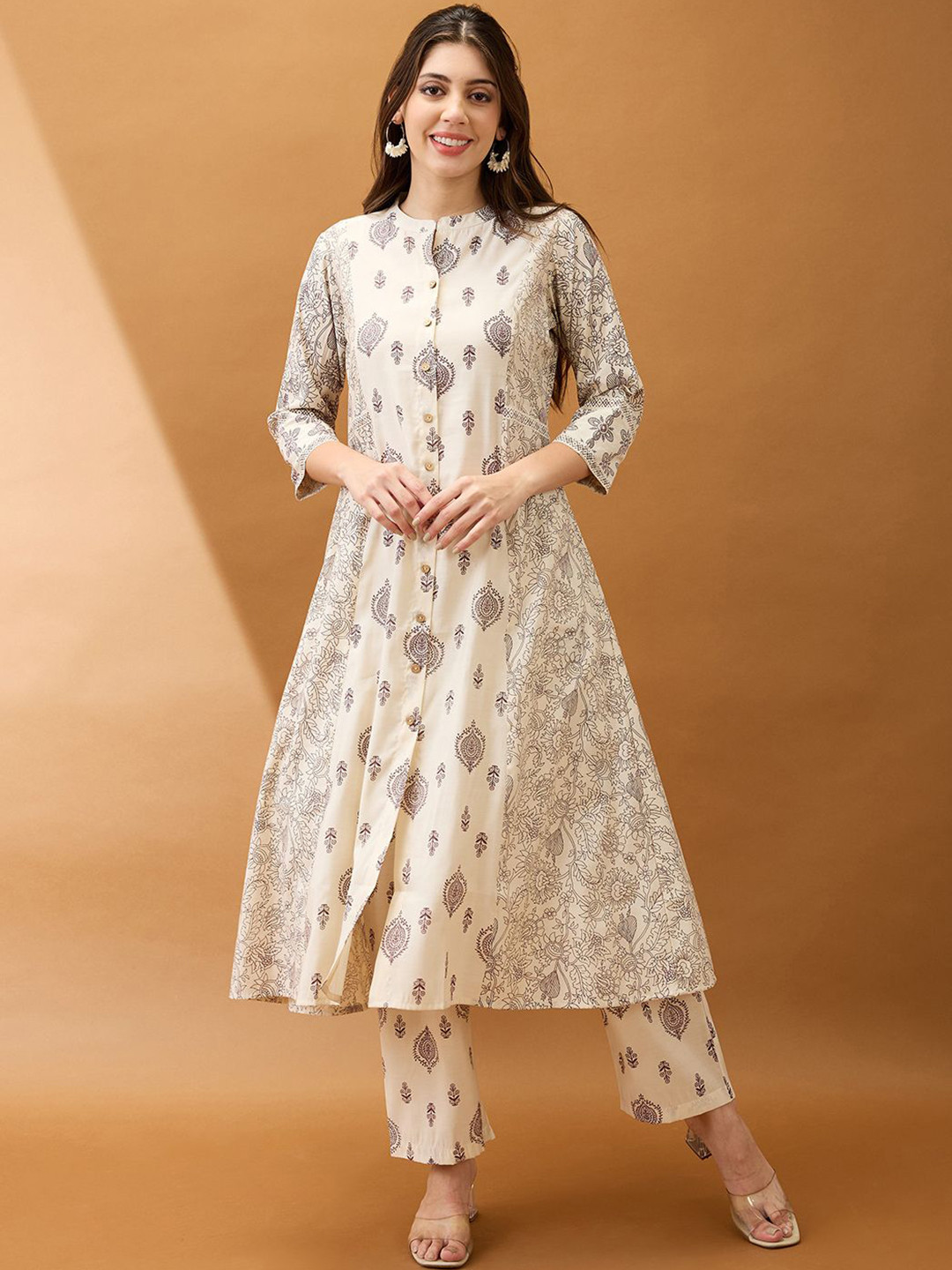Globus Ethnic Print Mandarin Collar Button Down A-Line Kurta With Straight Pant Set