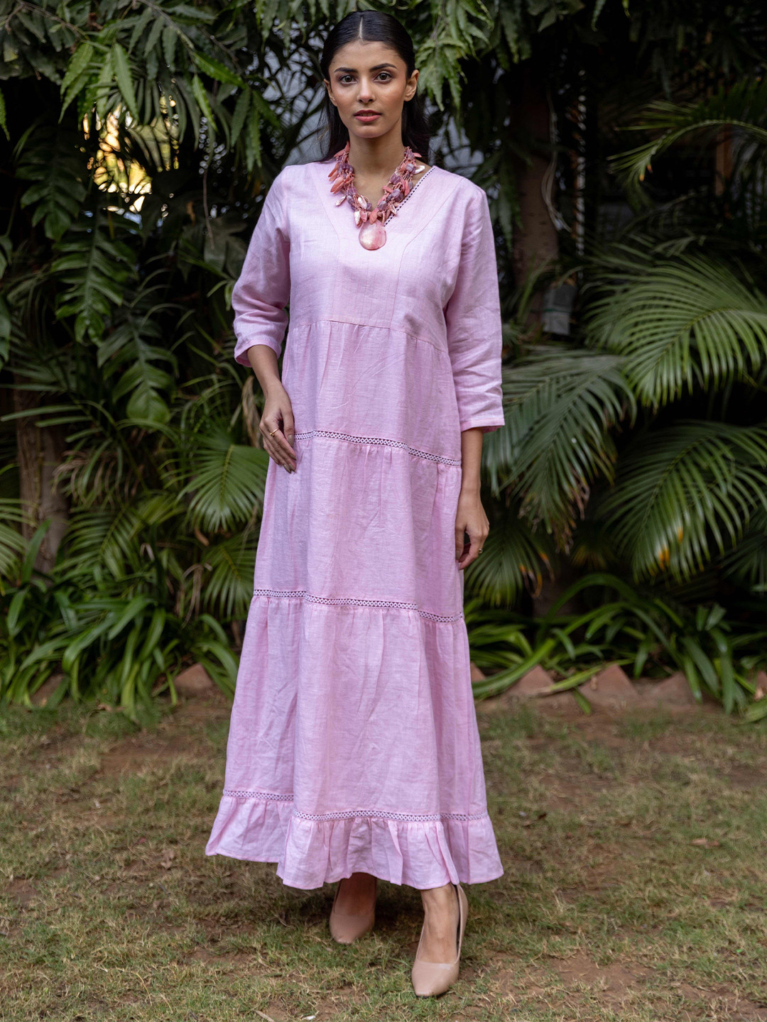 INAAYA JAIPUR Women V-Neck Slit Sleeve Layered Linen A-Line Maxi Dress