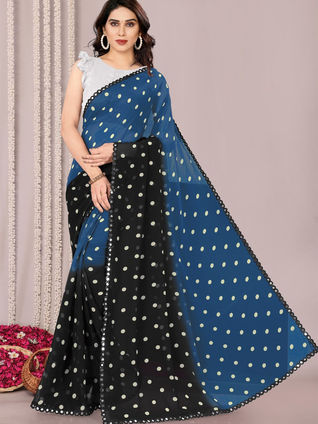 KALINI Polka Dot Mirror Work Poly Georgette Saree