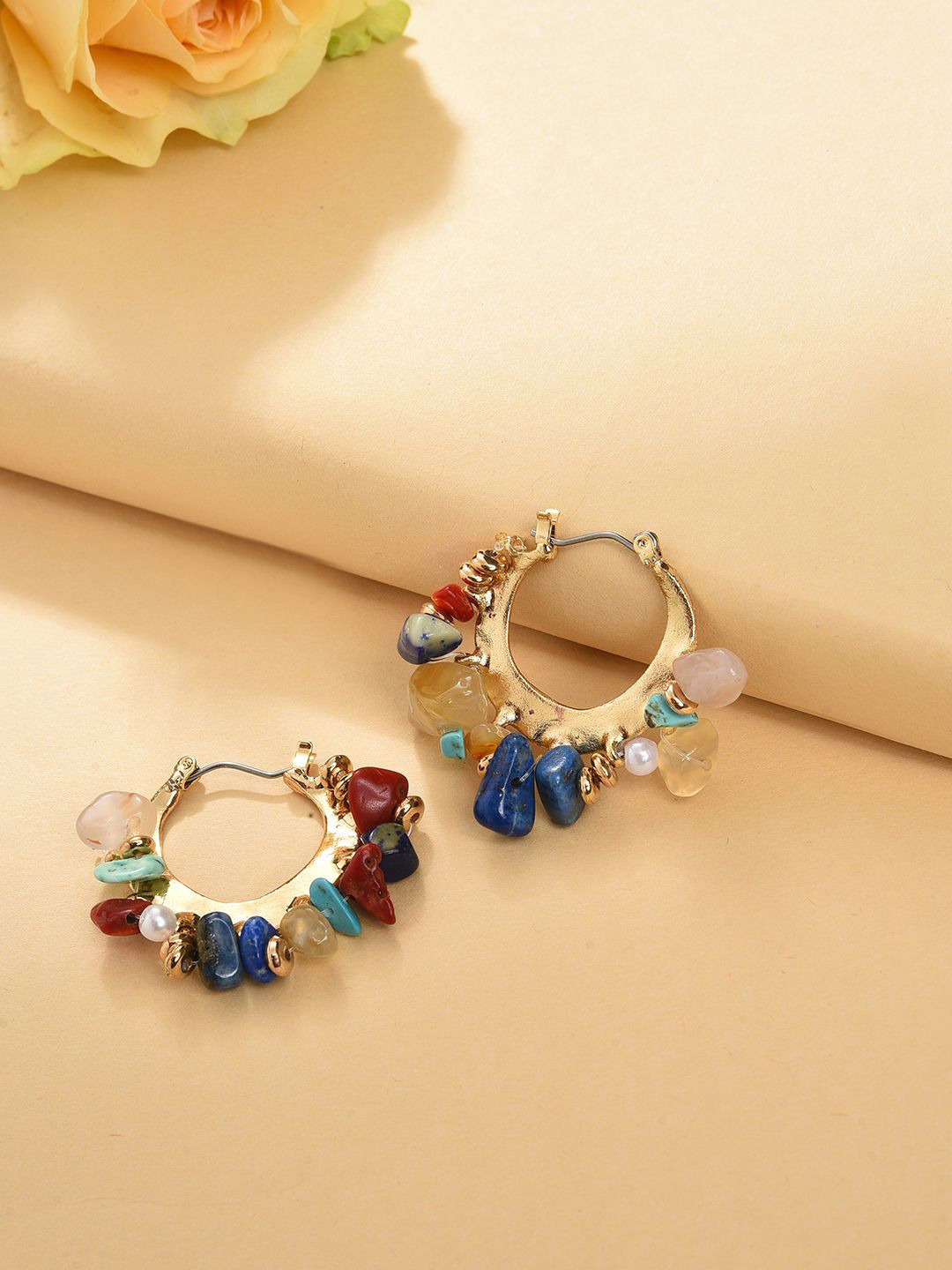 DressBerry Gold-Plated Artificial Beaded Contemporary Hoops Earrings