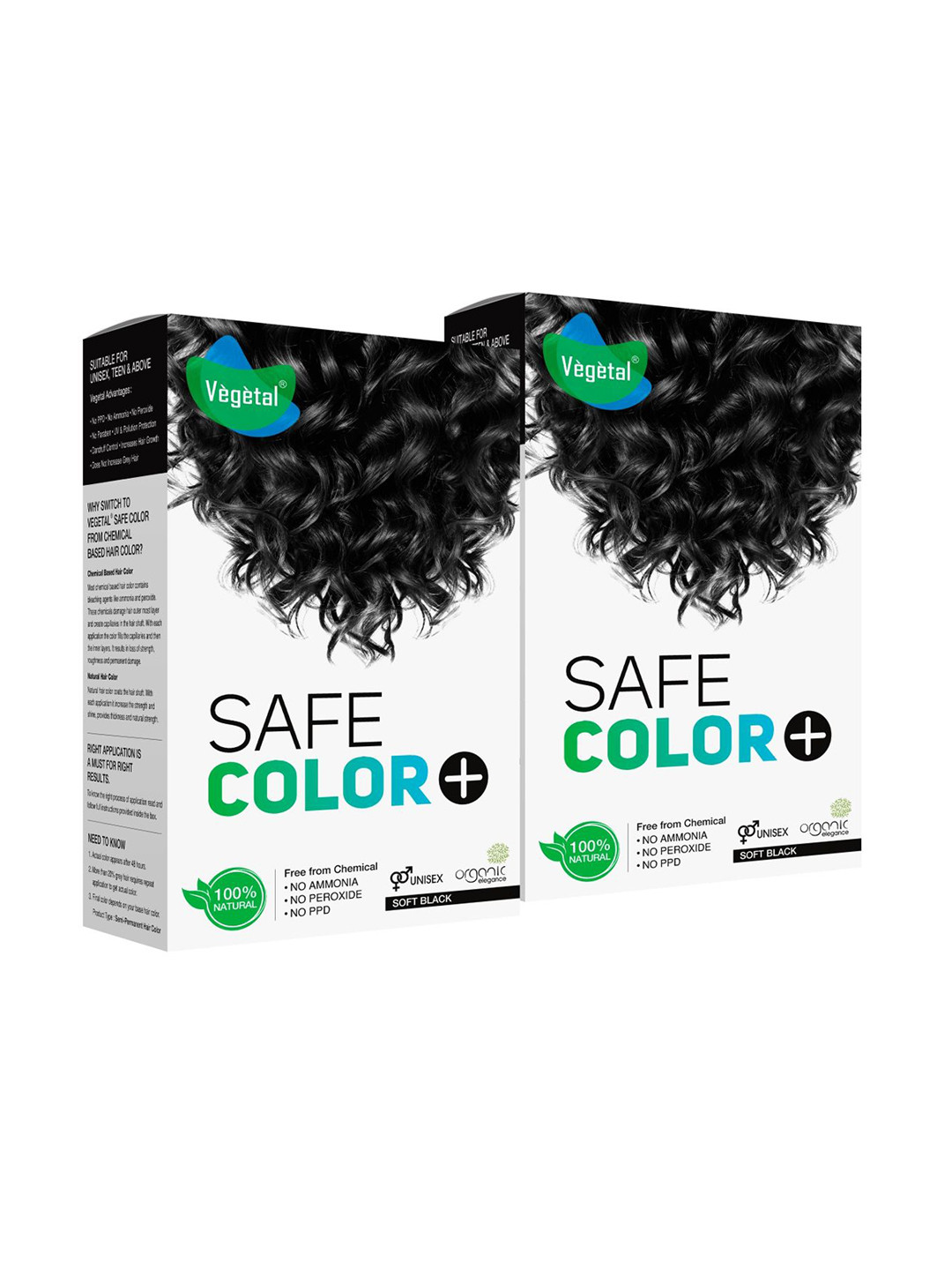 Vegetal Set Of 2 Safe Color + Hair Coloring Treatment - 50 g Each - Soft Black