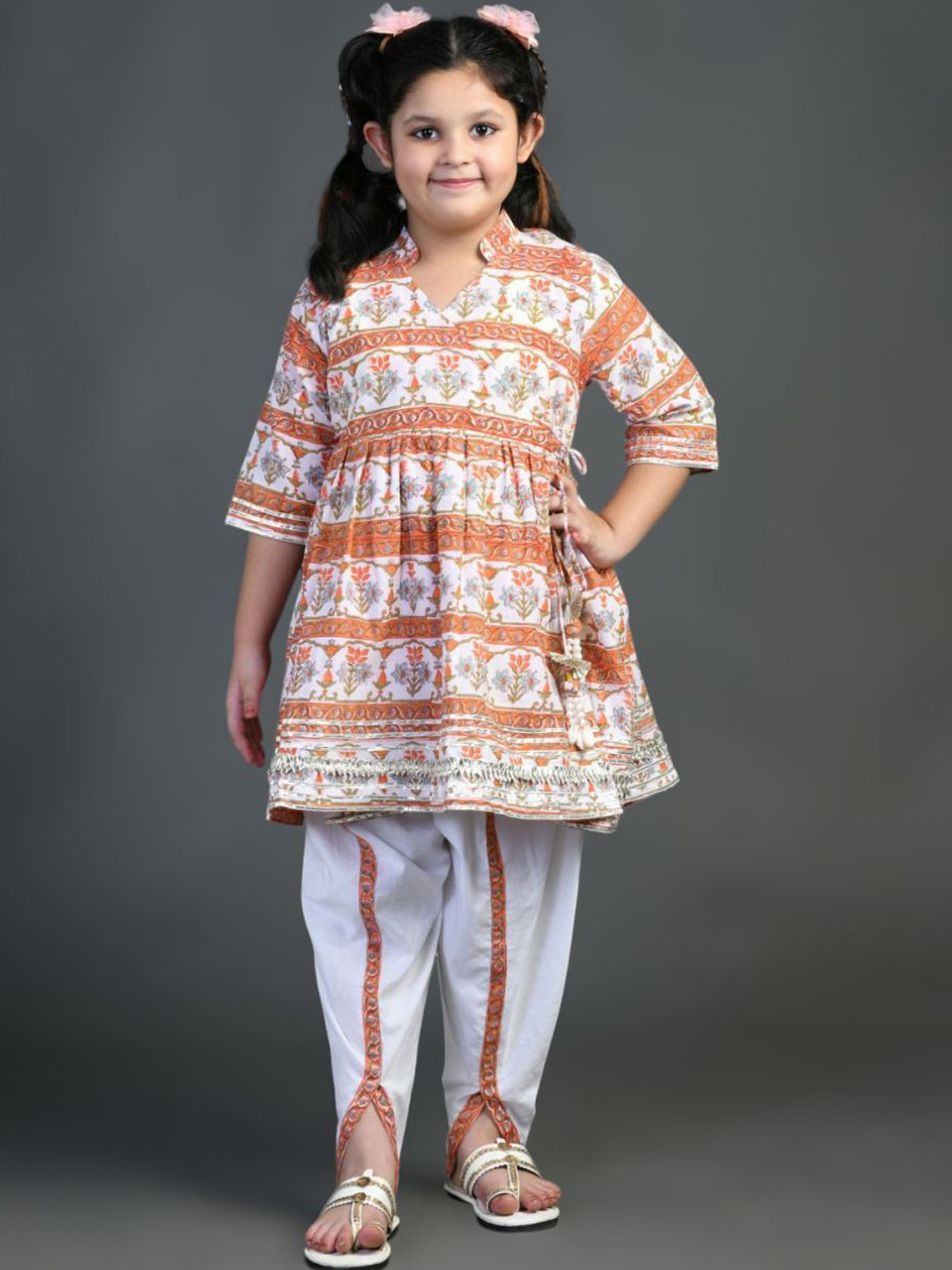 Chanda Mama Girls Floral Printed Regular Pure Cotton Kurti with Dhoti Pants