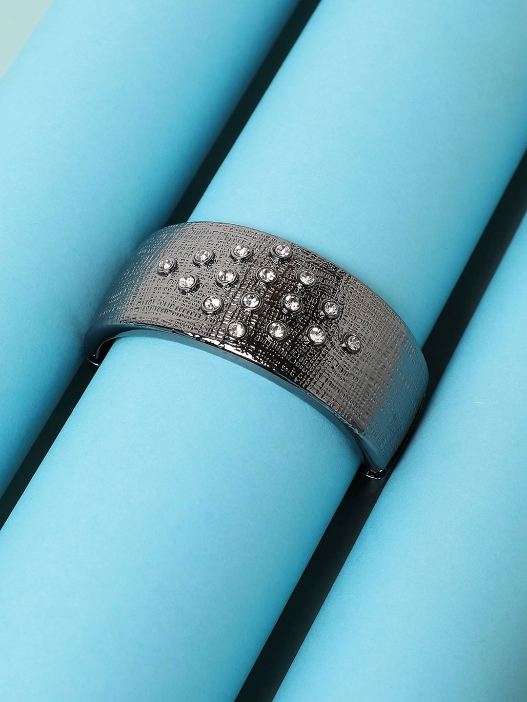 DressBerry Silver-Plated Rhombus Crystals Stone Studded Cuff Bracelet