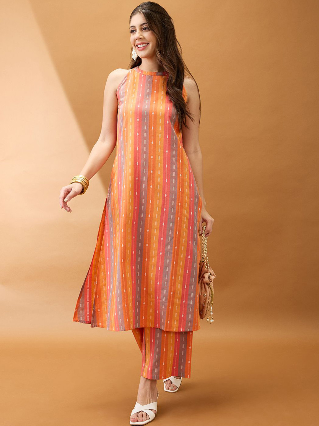 Globus Stripes Printed Halter Neck Straight Kurta With Pant Workwear Set